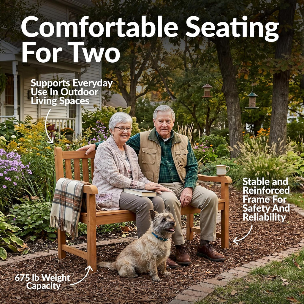 Sunnydaze Outdoor Bench for Patio, Front Porch, or Park - 2-Person Wooden Teak Garden Bench Seat - 675 lb Weight Capacity - 50"