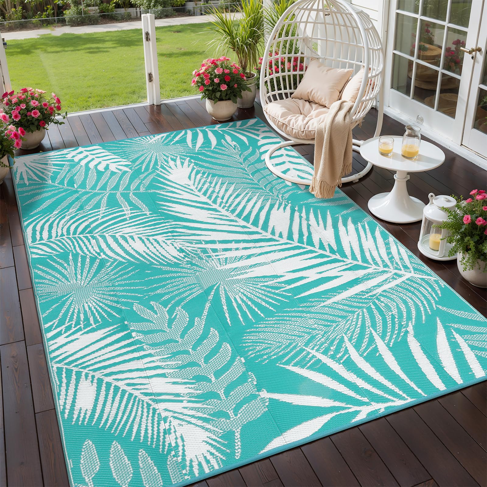 Outdoor Rug for Patios Clearance, 6x9 Waterproof RV Rugs for Outside, Reversible Plastic Straw Mat Large Quick Drying Outdoor Rugs for Deck Trailers Campers Porch Beach Backyard,Teal & White