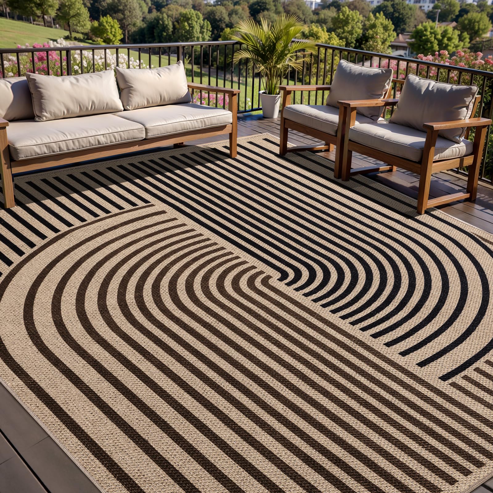 Tangsoo Rainbow Easy Jute Rug 5x7 Large Washable Area Rug for Living Room,Black Non-Slip Thin Outdoor Rug,Modern Farmhouse Indoor Carpet for Dining Room Table Bedroom Patio