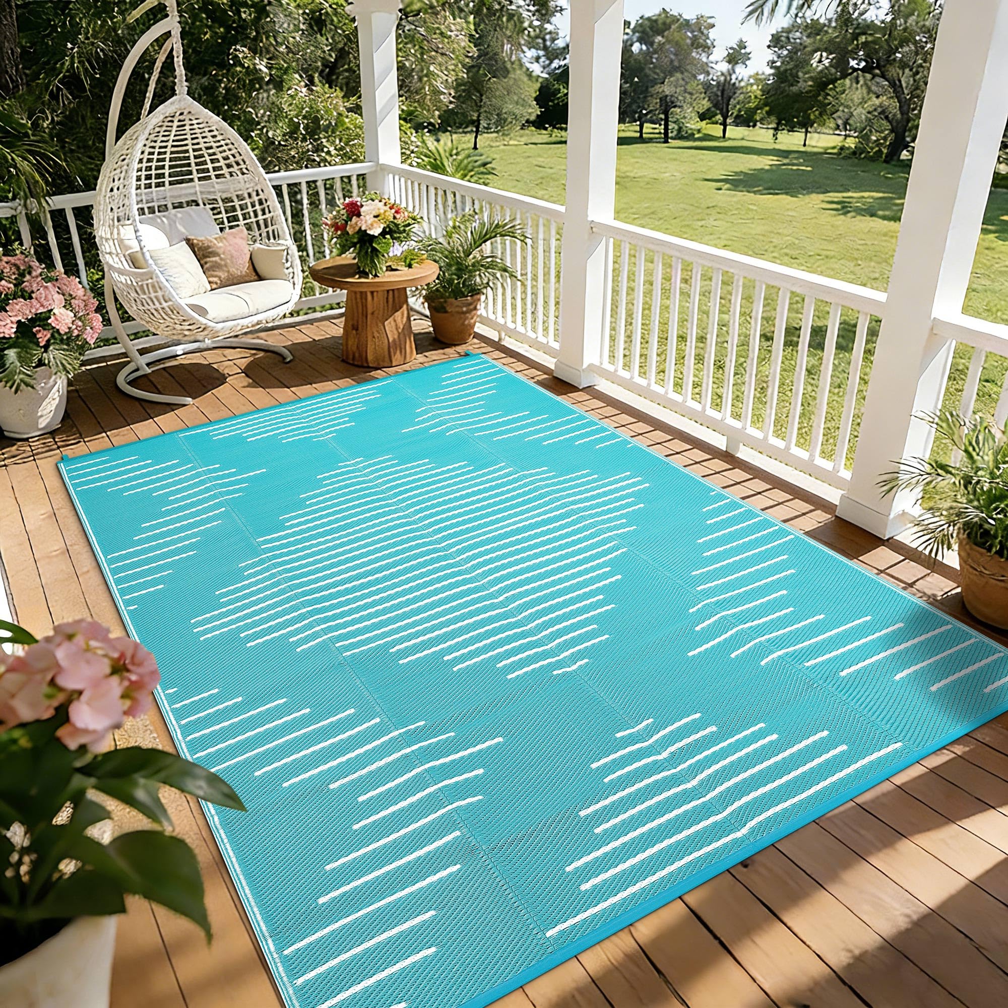 Garvee 6x9 Area Rugs Plastic Reversible Patio Rugs Outdoor Waterproof Easy-Cleaning Large Floor Mat for Outdoors Backyard Porch RV Beach Picnic Black White