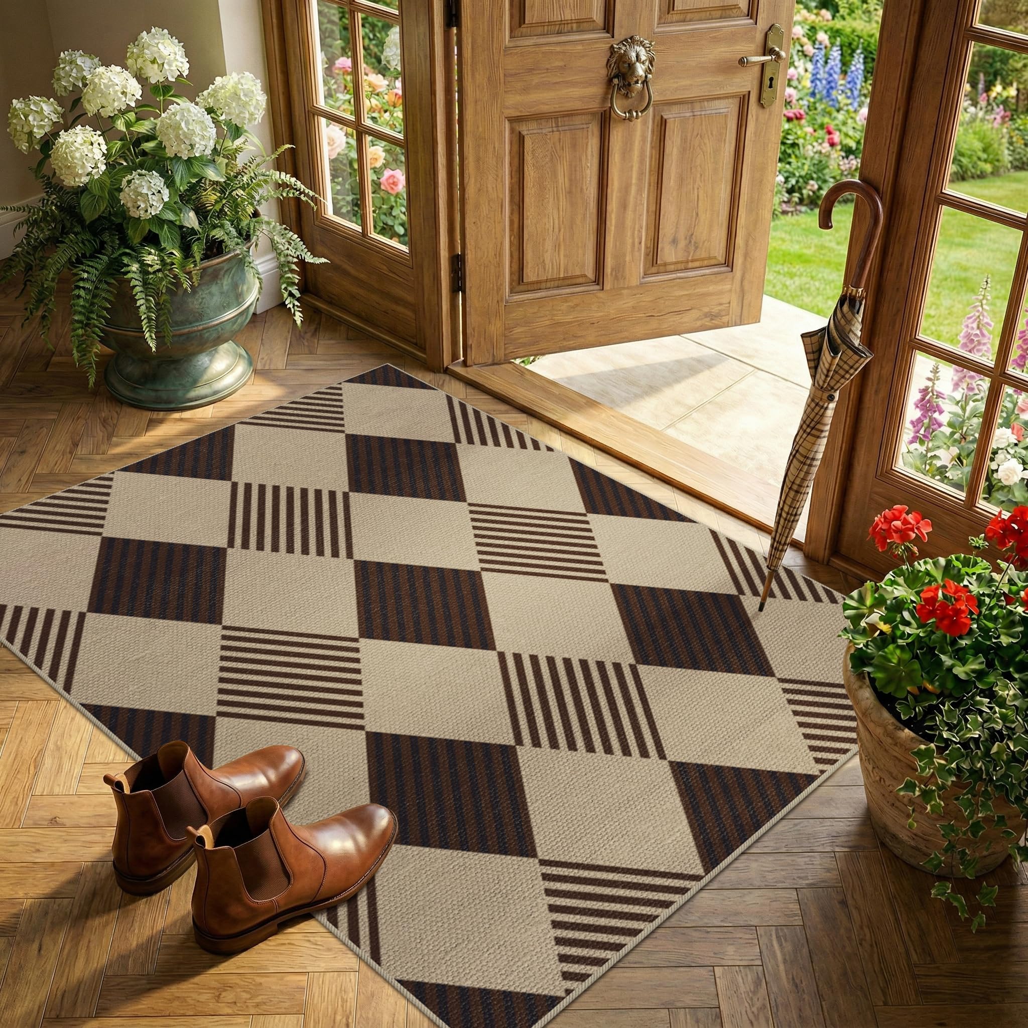 Washable Plaid Indoor Outdoor Rug 3x5 for Front Porch, Entryway, Patio, No Shed Easy Jute Non Slip TPR Backing Area Rug for Large Kitchen, Farmhouse Black & Tan Checkered Seegrass Aesthetic