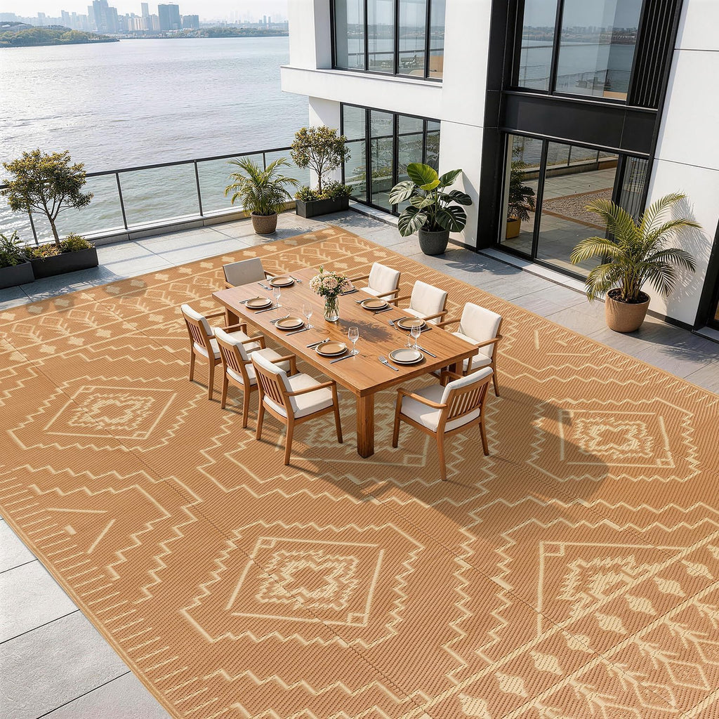 LBRO2M Waterproof Outdoor Rugs 10X12 for Patio Outdoor Plastic Straw Rug Reversible Outdoor Camping Rugs RV Rug for Deck,Backyard (10X12 Brwon Beige)