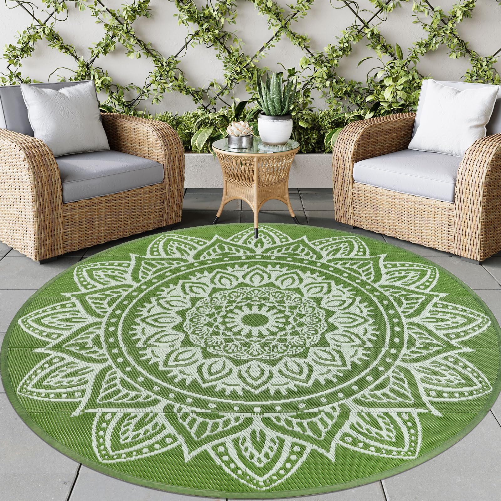 famibay 6 Ft Round Boho Outdoor Plastic Straw Rug, Waterproof, Portable, Reversible, UV-Resistant, Patio, Porch, Camping, Dark Blue