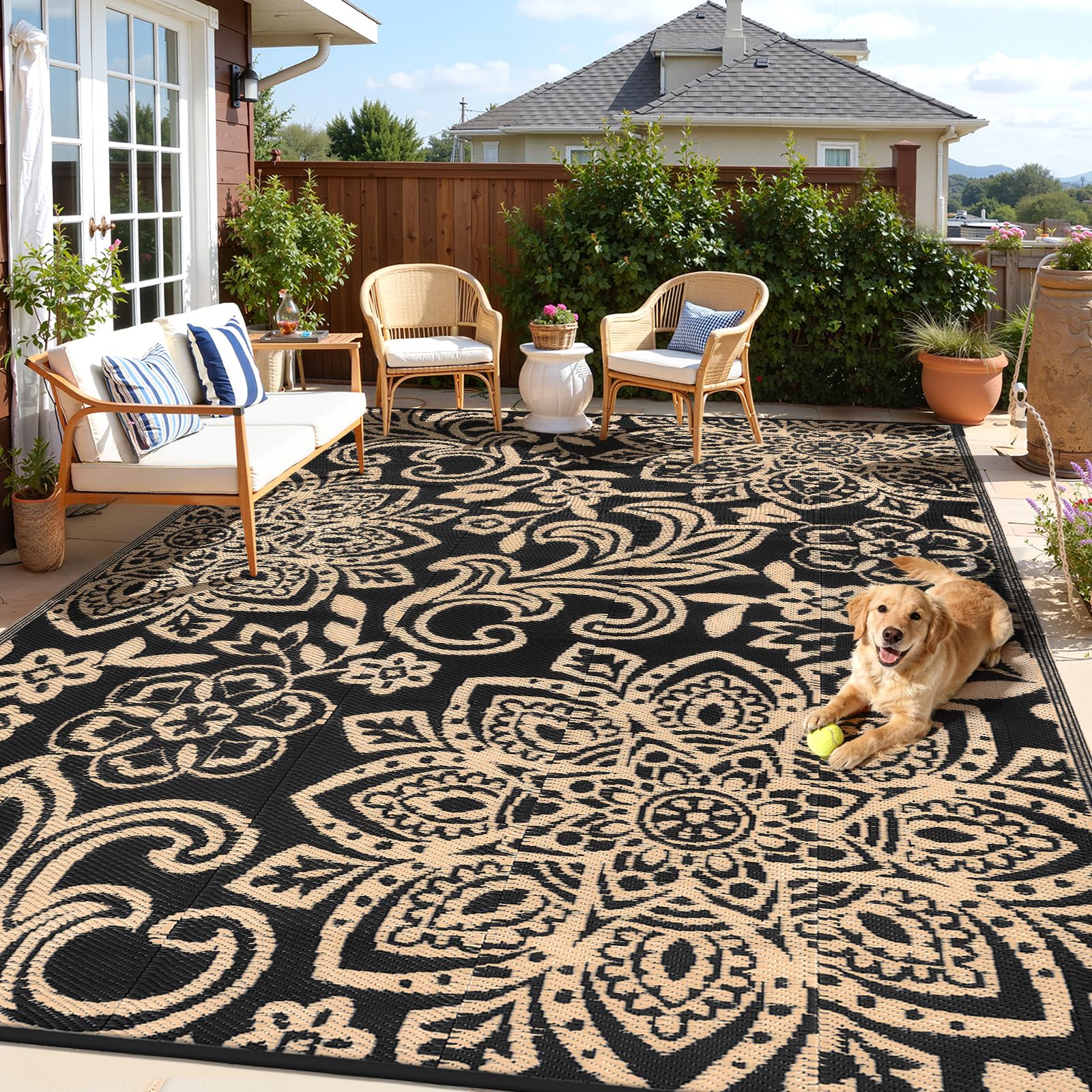 Findosom Waterproof Outdoor Rug 8' x 10' - Reversible Mandala Outdoor Plastic Straw Rug, Durable Foldable Patio Rug for RV, Deck, Balcony, Backyard, Picnic, Porch, Camping, Beach, Gray