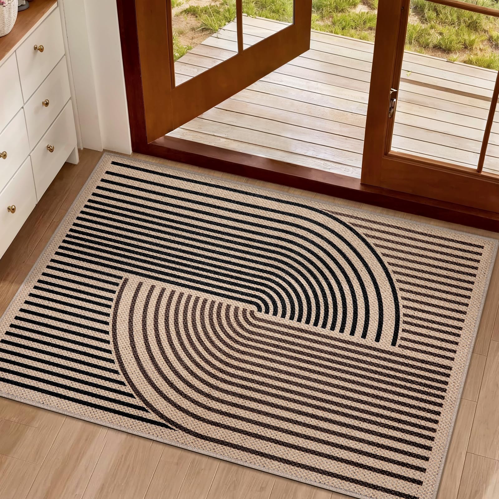 Tangsoo Rainbow Easy Jute Rug 5x7 Large Washable Area Rug for Living Room,Black Non-Slip Thin Outdoor Rug,Modern Farmhouse Indoor Carpet for Dining Room Table Bedroom Patio