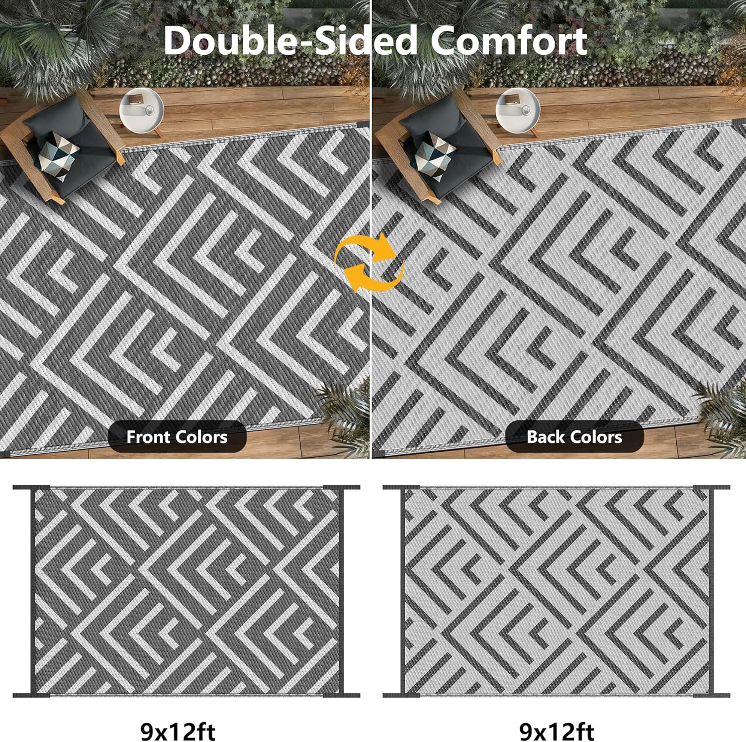 Kohree Outdoor Rug 9x12 Reversible, Waterproof Outdoor Plastic Straw Rug RV Patio Mat, Non-Slip Easy-Cleaning RV Outdoor Mat Carpet for Deck, Patio, Camping, Balcony, Deck, Backyard (Grey & White)