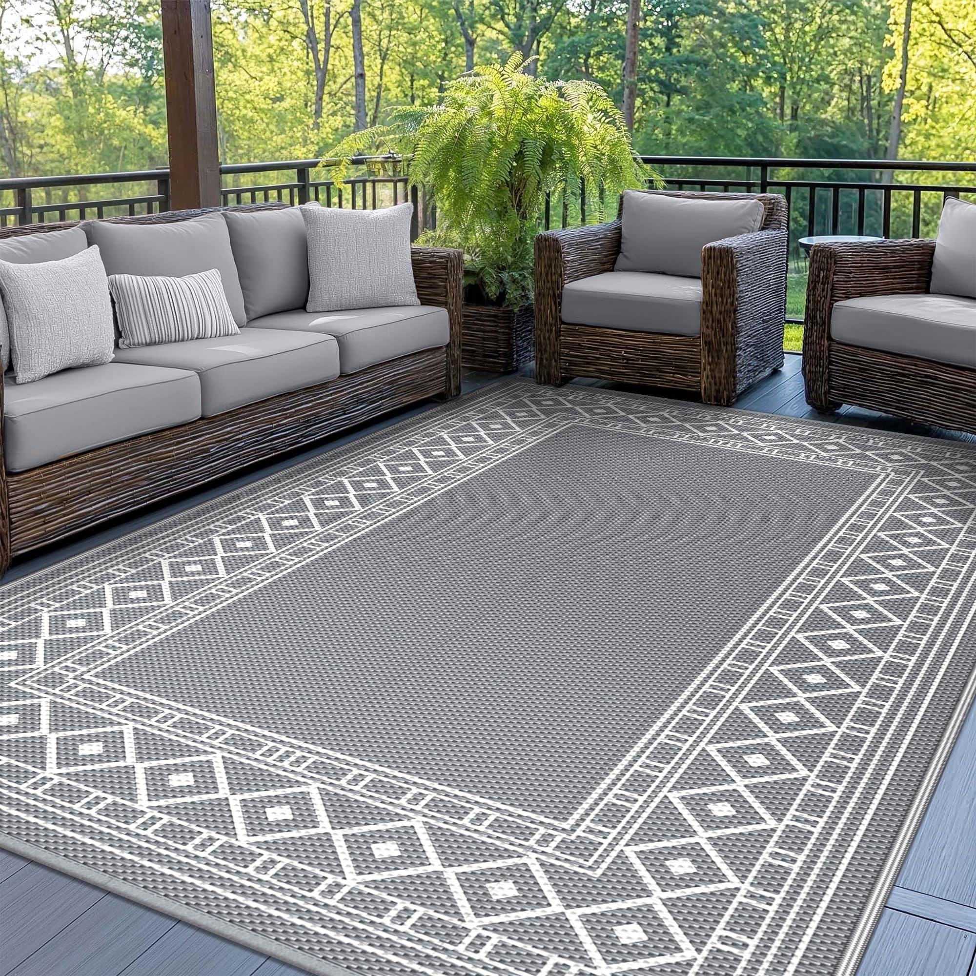 GENIMO Outdoor Rug Waterproof for Patio Decor, 5'x8' Reversible Plastic Straw Rug Carpet, Camping Mat for Outdoor, RV, Backyard, Deck, Balcony, Picnic, Beach, Coffee & Beige