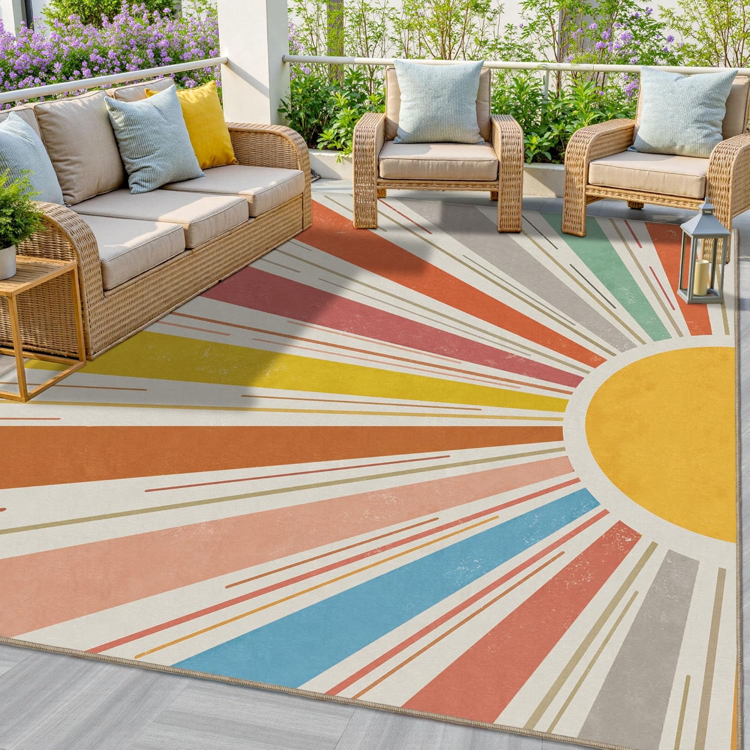 Multicolored Outdoor Indoor Area Rug Boho Sun Rainbow Washable Outdoor Patio Rugs Medieval Aesthetic Vintage Abstract Art Non-Slip Carpet for Living Room, Patio, Porch, Pool Deck (5x8)