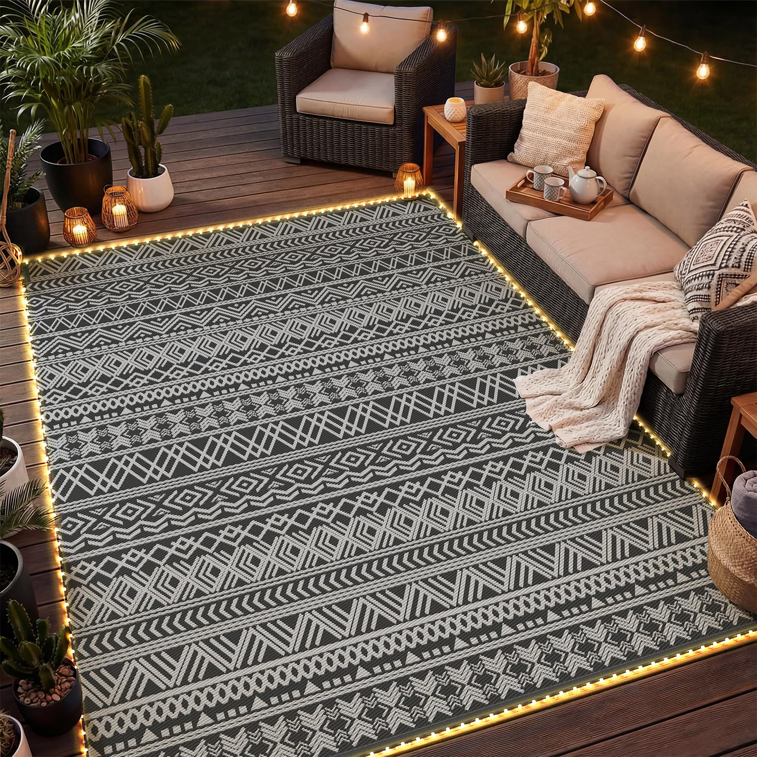 MontVoo Outdoor Rug Carpet Waterproof 5x8 Outdoor Patio Rug Mat Reverisble Plastic Straw Outdoor Rug for RV Camping Picnic Beach Balcony Boho Grey