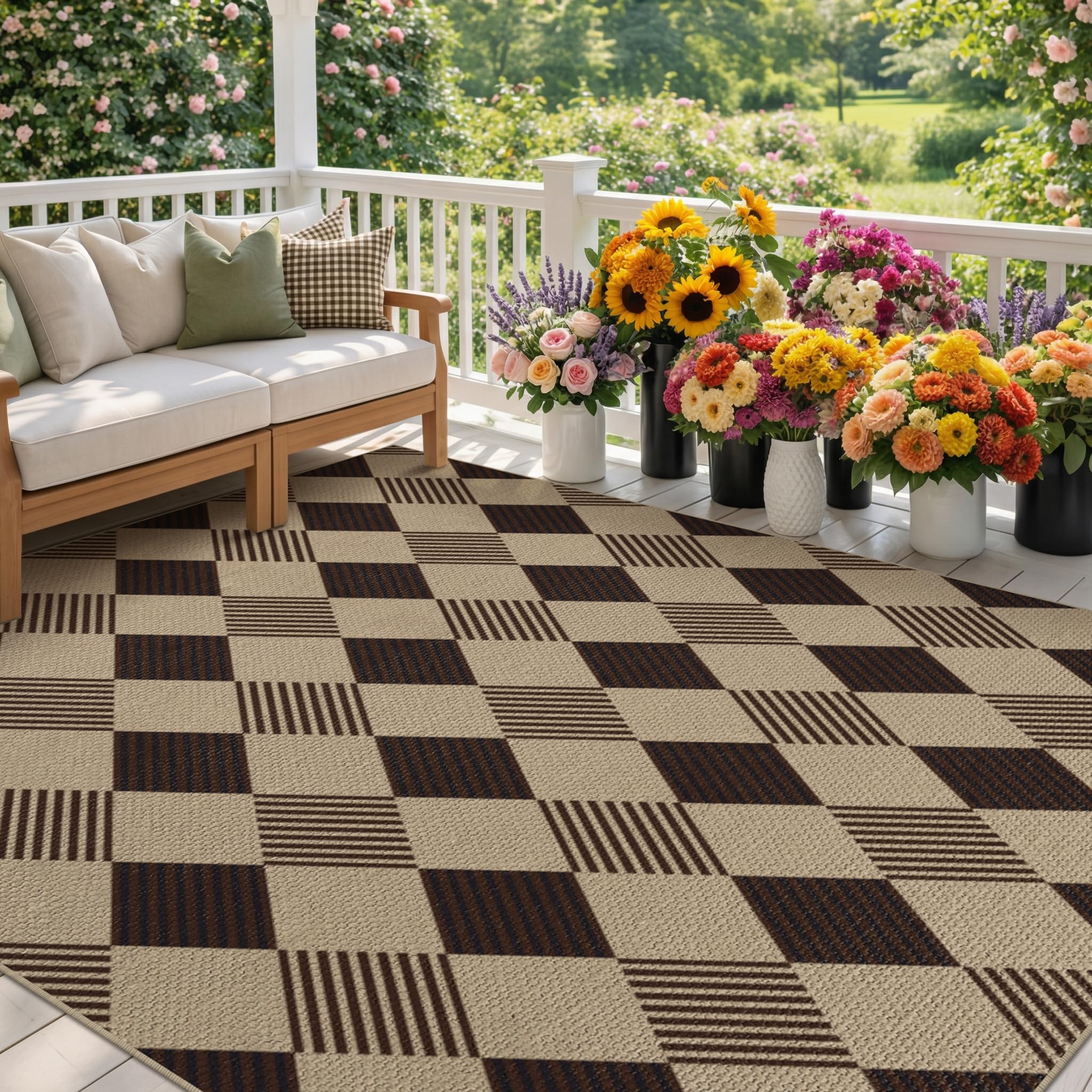 Washable Plaid Indoor Outdoor Rug 3x5 for Front Porch, Entryway, Patio, No Shed Easy Jute Non Slip TPR Backing Area Rug for Large Kitchen, Farmhouse Black & Tan Checkered Seegrass Aesthetic