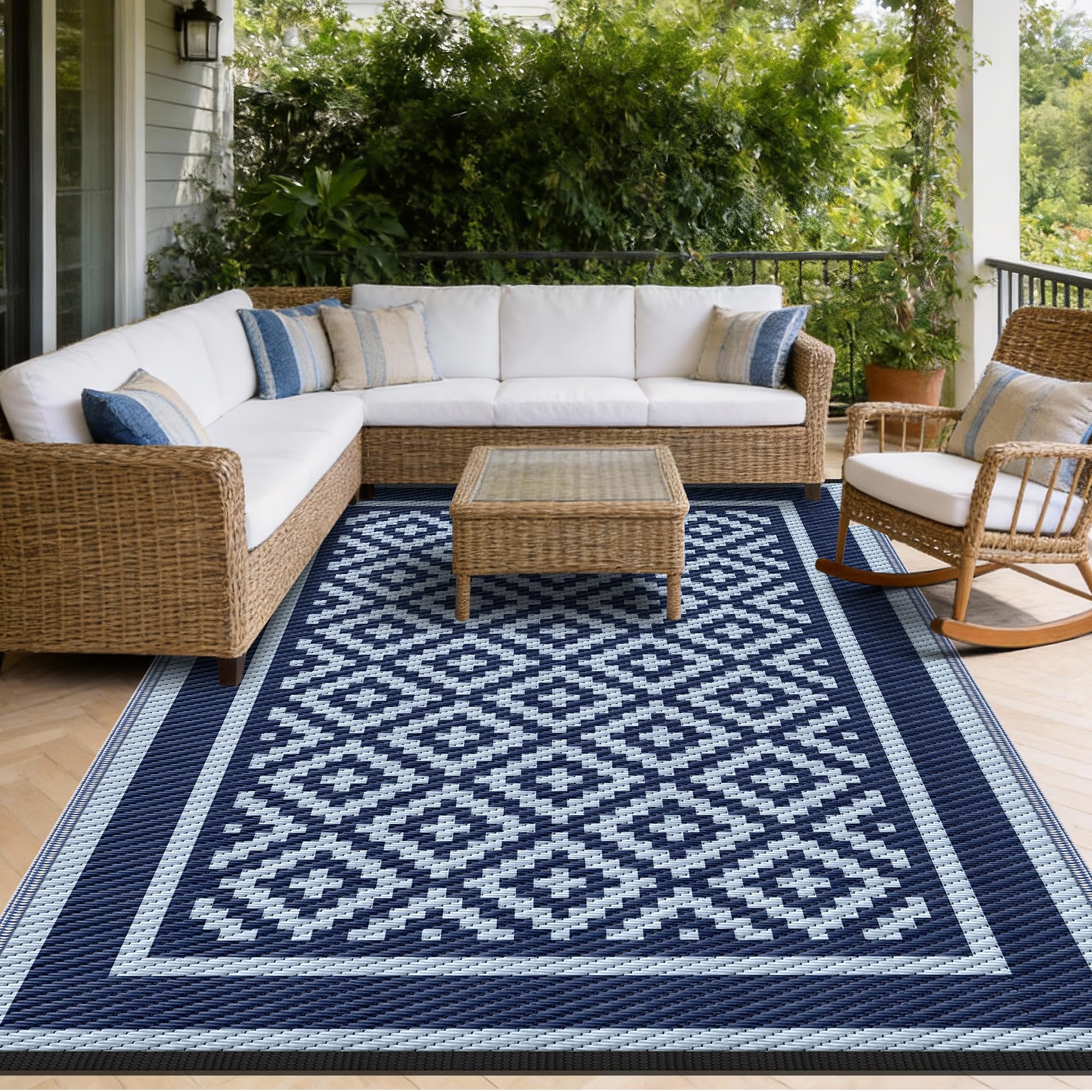Kohree Outdoor Rug 9x12 Reversible, Waterproof Outdoor Plastic Straw Rug RV Patio Mat, Non-Slip Easy-Cleaning RV Outdoor Mat Carpet for Deck, Patio, Camping, Balcony, Deck, Backyard (Grey & White)