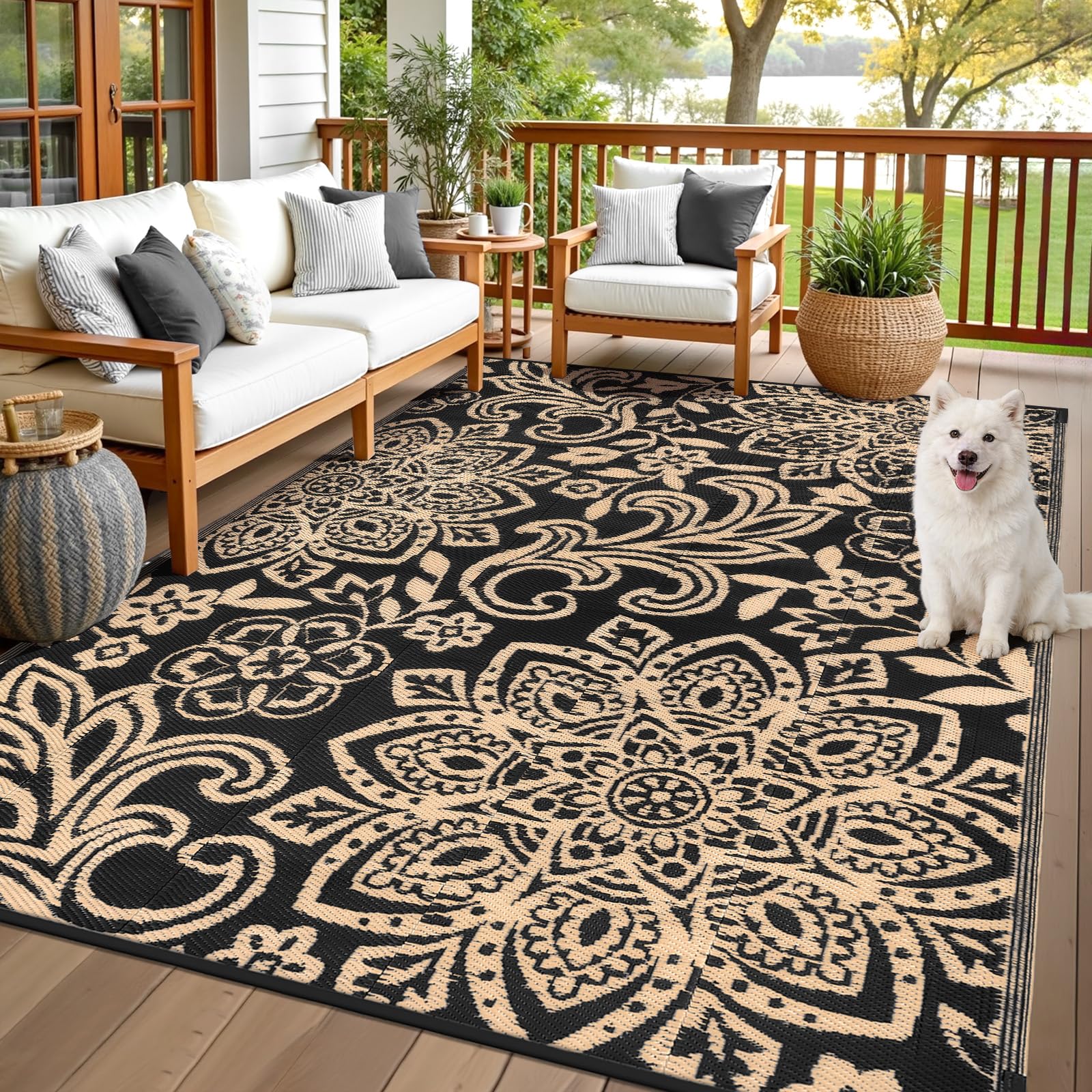 Findosom Waterproof Outdoor Rug 8' x 10' - Reversible Mandala Outdoor Plastic Straw Rug, Durable Foldable Patio Rug for RV, Deck, Balcony, Backyard, Picnic, Porch, Camping, Beach, Gray