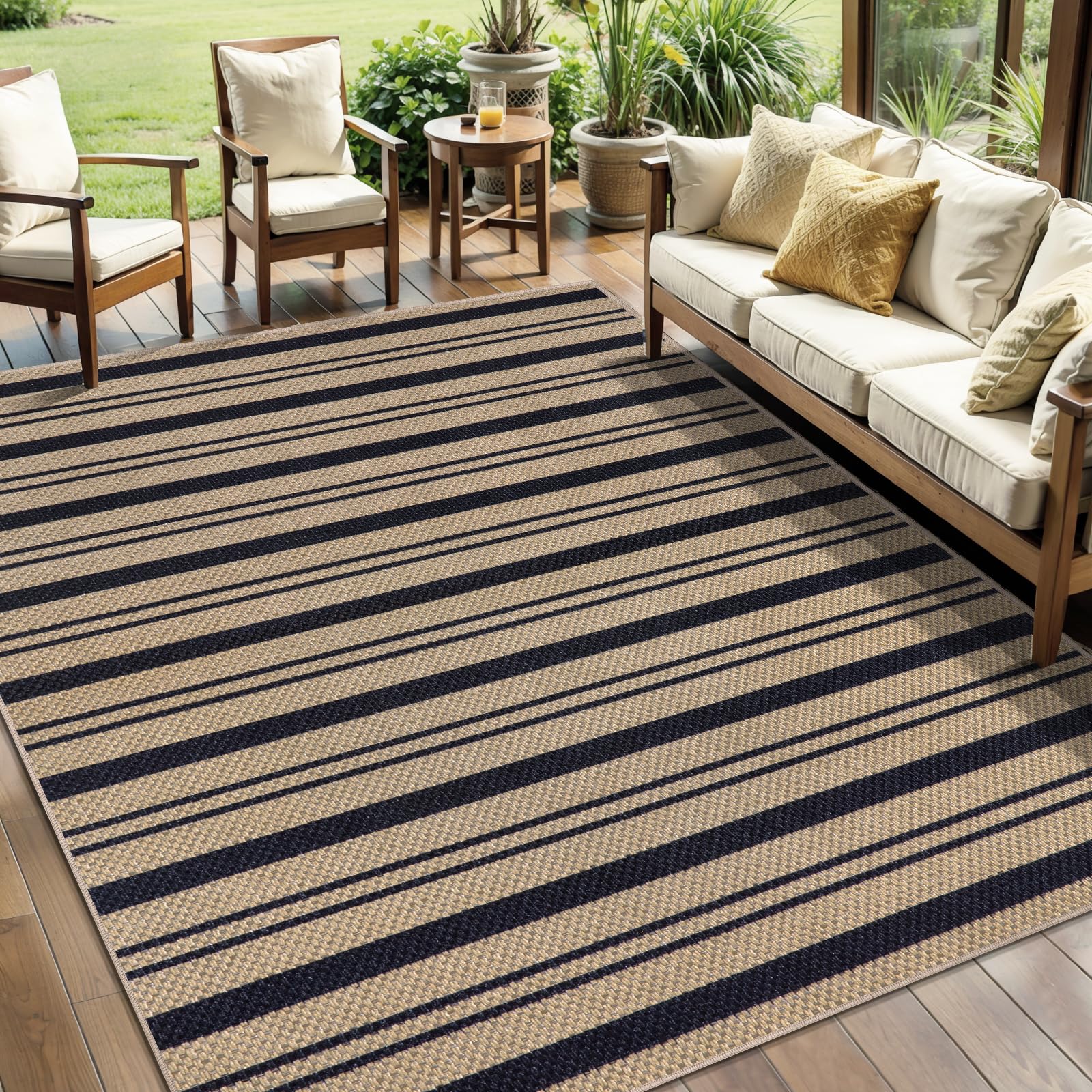 Tangsoo Rainbow Easy Jute Rug 5x7 Large Washable Area Rug for Living Room,Black Non-Slip Thin Outdoor Rug,Modern Farmhouse Indoor Carpet for Dining Room Table Bedroom Patio