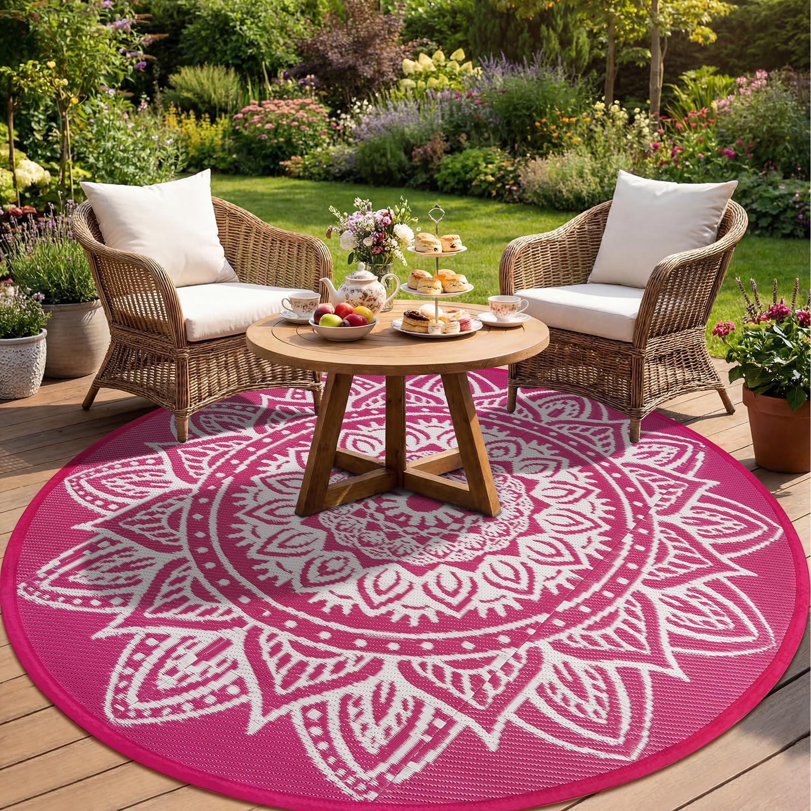 famibay 6 Ft Round Boho Outdoor Plastic Straw Rug, Waterproof, Portable, Reversible, UV-Resistant, Patio, Porch, Camping, Dark Blue