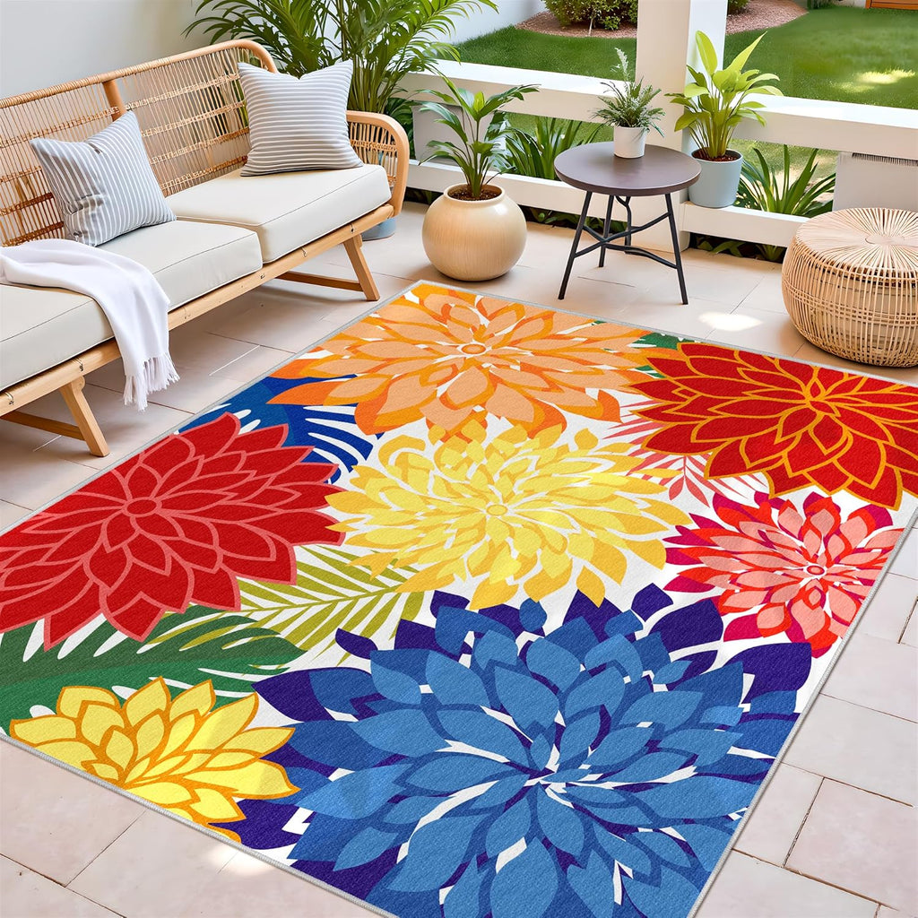 Colorful 5x8 Outdoor Area Rug Washable Multicolored Patio Rug Tropical Botanical Floral Chenille Waterproof Outdoor Carpet for Living Room, Deck, Backyard, Porch, Rainbow