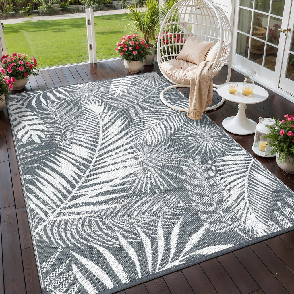 Outdoor Rug for Patios Clearance, 6x9 Waterproof RV Rugs for Outside, Reversible Plastic Straw Mat Large Quick Drying Outdoor Rugs for Deck Trailers Campers Porch Beach Backyard,Teal & White