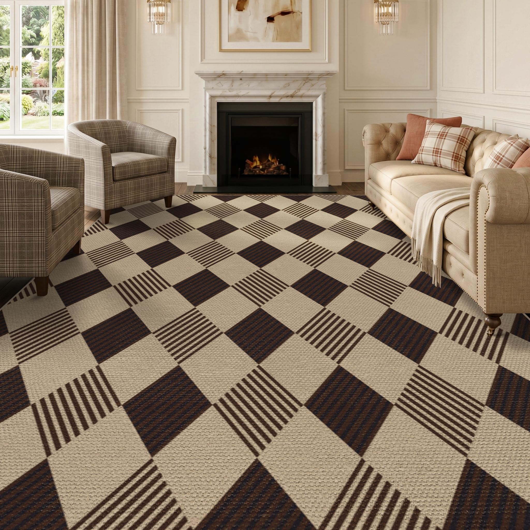 Washable Plaid Indoor Outdoor Rug 3x5 for Front Porch, Entryway, Patio, No Shed Easy Jute Non Slip TPR Backing Area Rug for Large Kitchen, Farmhouse Black & Tan Checkered Seegrass Aesthetic