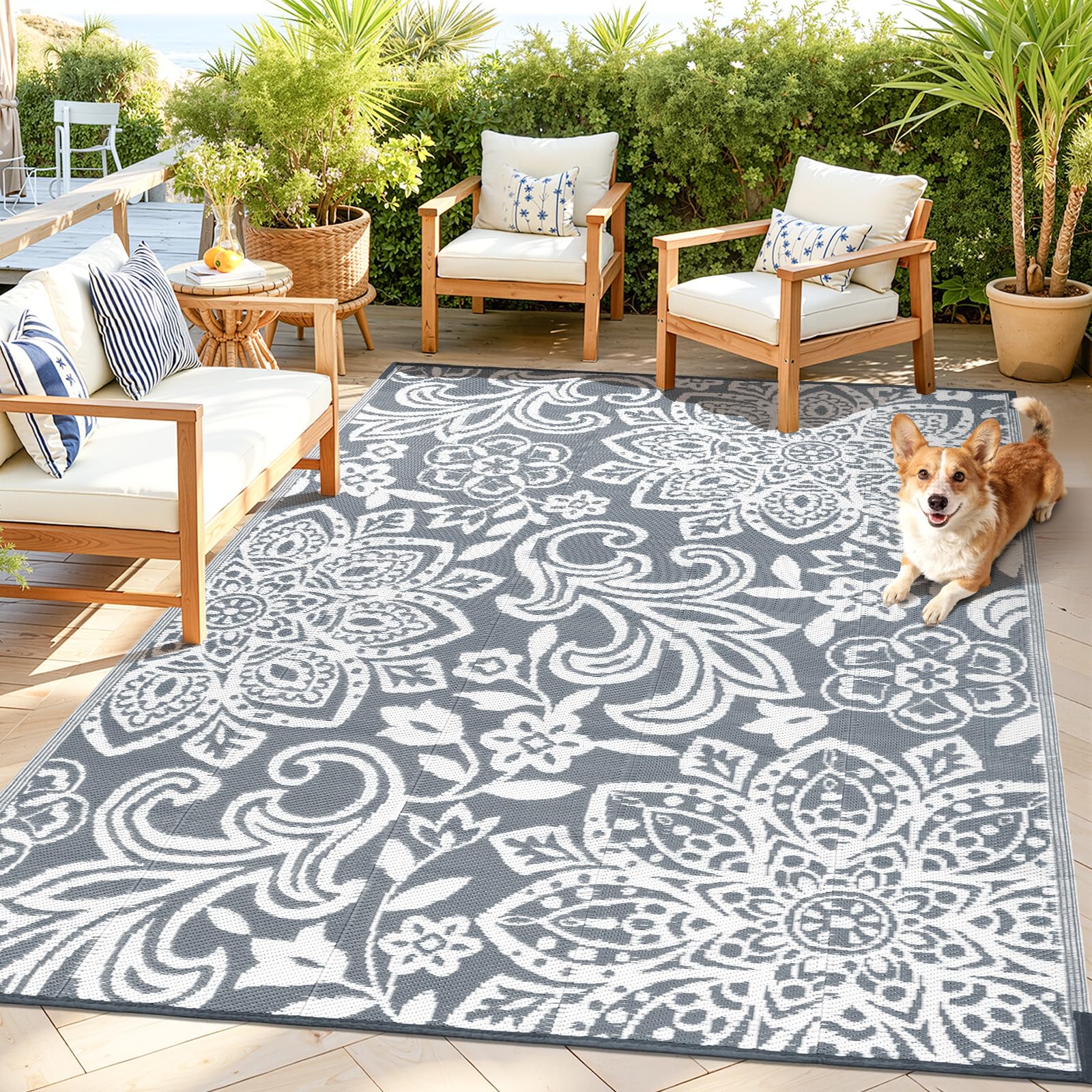 Findosom Waterproof Outdoor Rug 8' x 10' - Reversible Mandala Outdoor Plastic Straw Rug, Durable Foldable Patio Rug for RV, Deck, Balcony, Backyard, Picnic, Porch, Camping, Beach, Gray