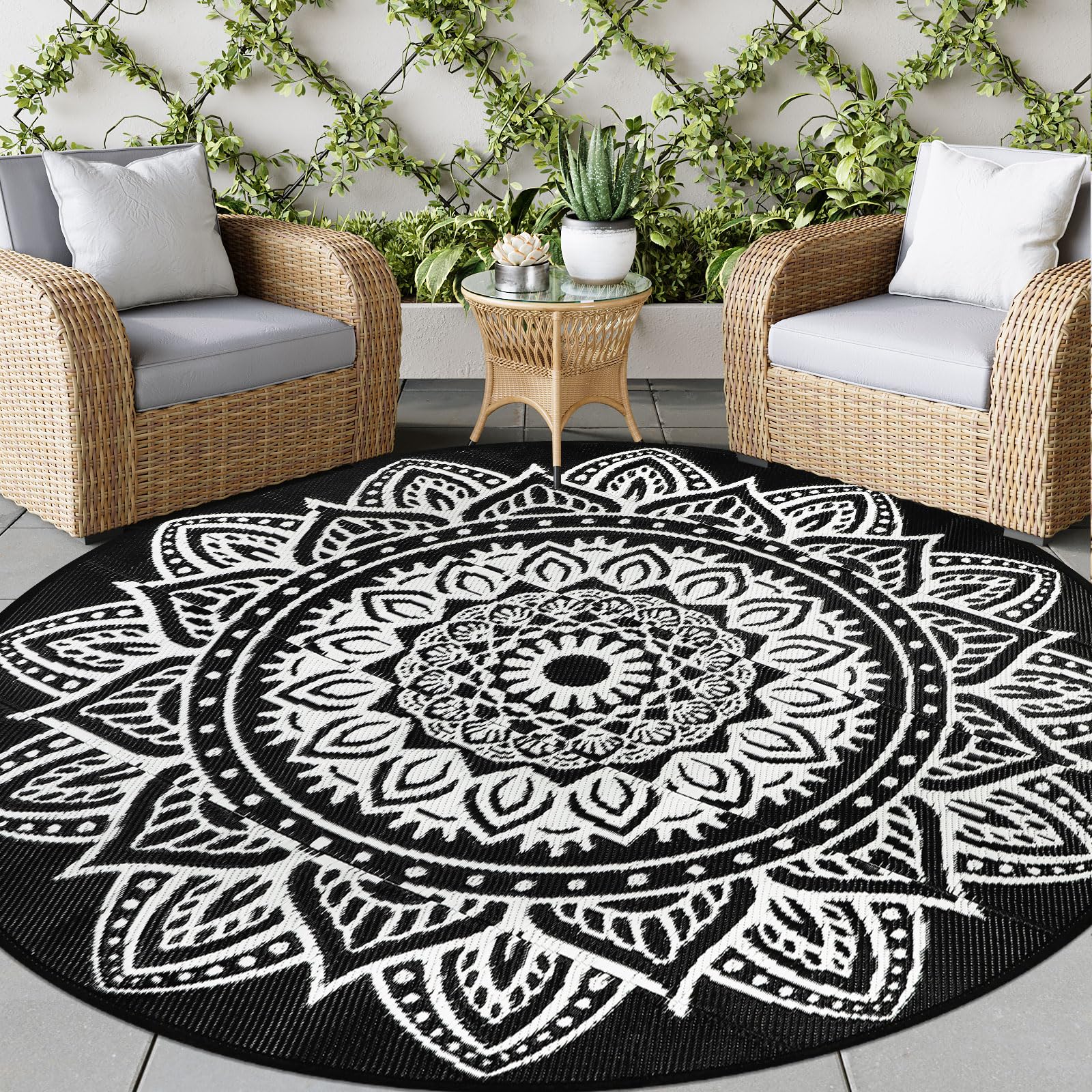 famibay 6 Ft Round Boho Outdoor Plastic Straw Rug, Waterproof, Portable, Reversible, UV-Resistant, Patio, Porch, Camping, Dark Blue