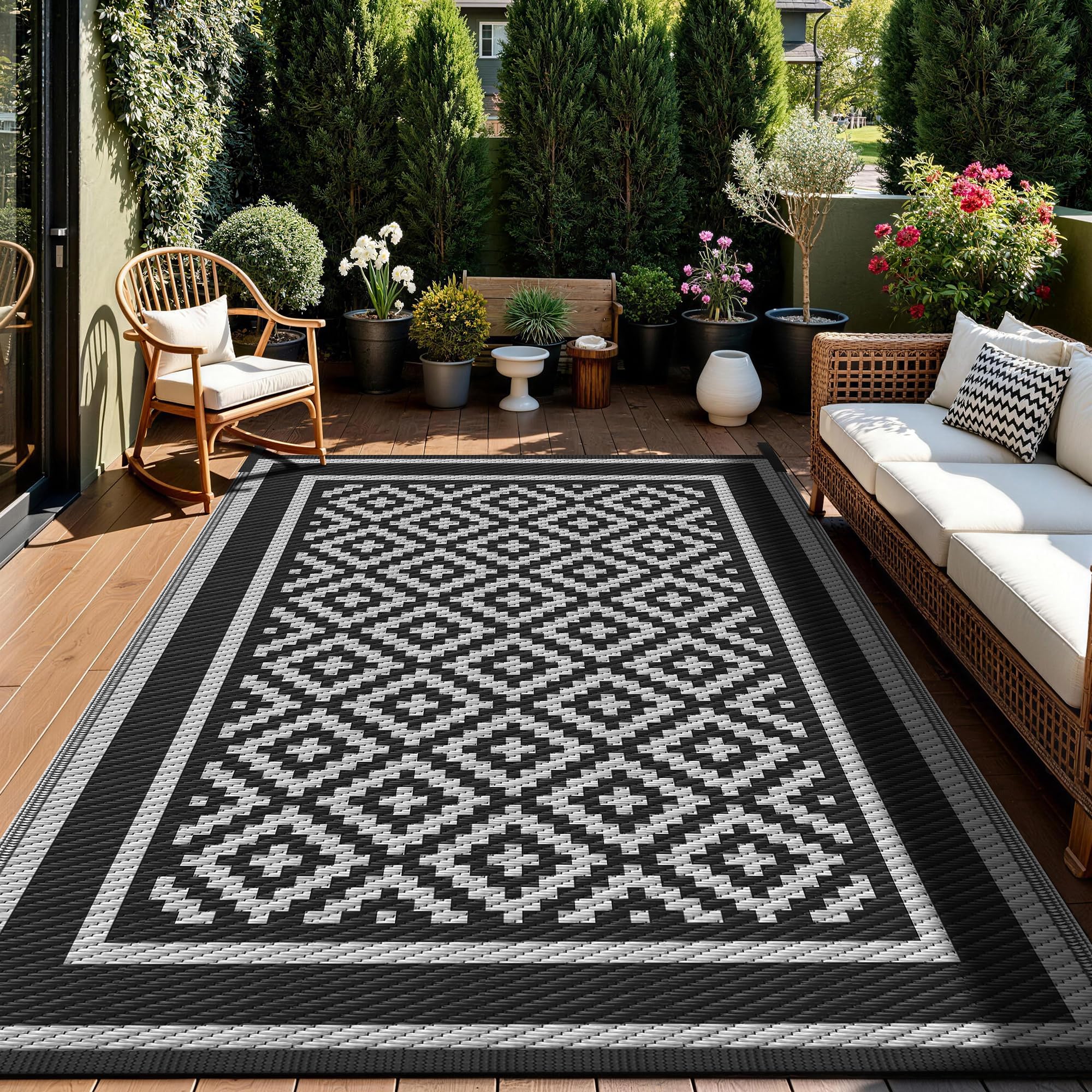 Kohree Outdoor Rug 9x12 Reversible, Waterproof Outdoor Plastic Straw Rug RV Patio Mat, Non-Slip Easy-Cleaning RV Outdoor Mat Carpet for Deck, Patio, Camping, Balcony, Deck, Backyard (Grey & White)