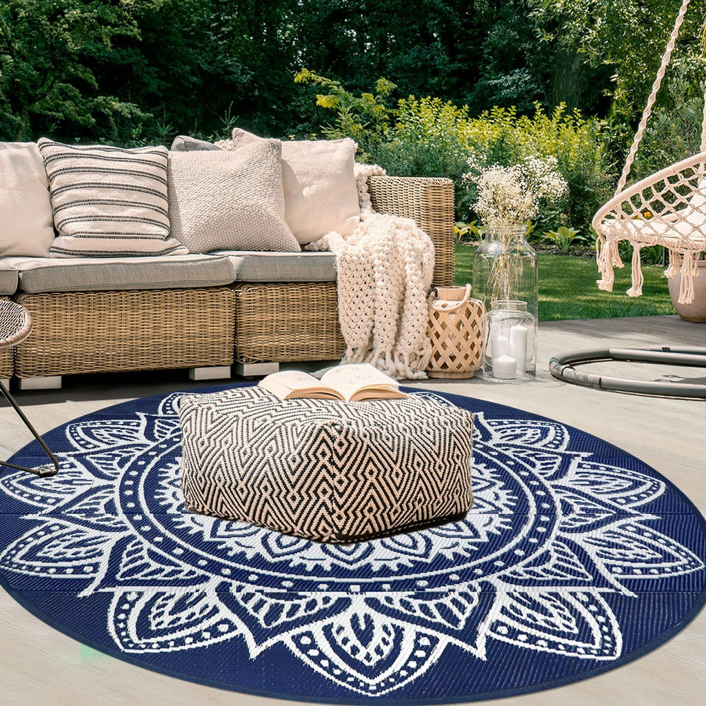 famibay 6 Ft Round Boho Outdoor Plastic Straw Rug, Waterproof, Portable, Reversible, UV-Resistant, Patio, Porch, Camping, Dark Blue
