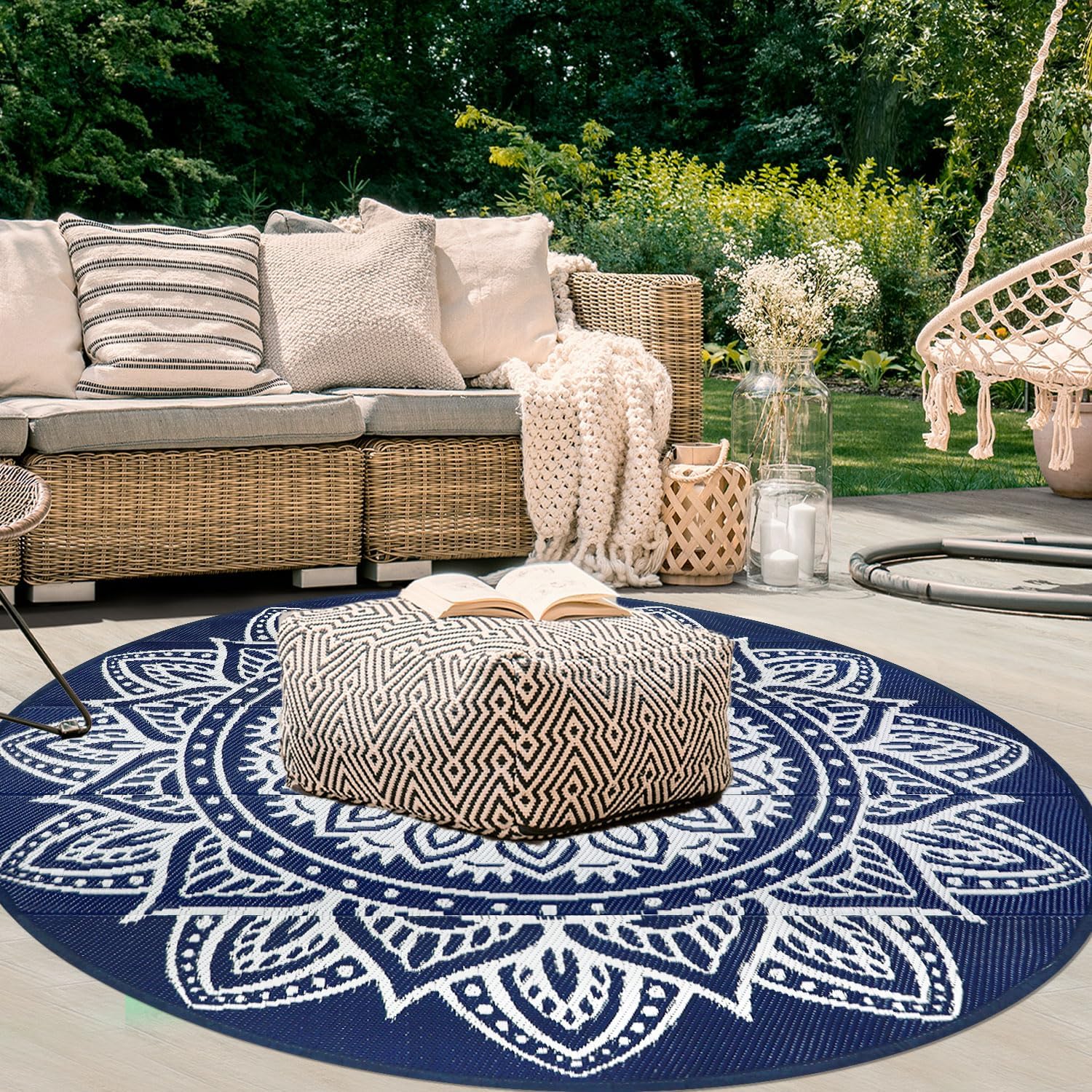 famibay 6 Ft Round Boho Outdoor Plastic Straw Rug, Waterproof, Portable, Reversible, UV-Resistant, Patio, Porch, Camping, Dark Blue