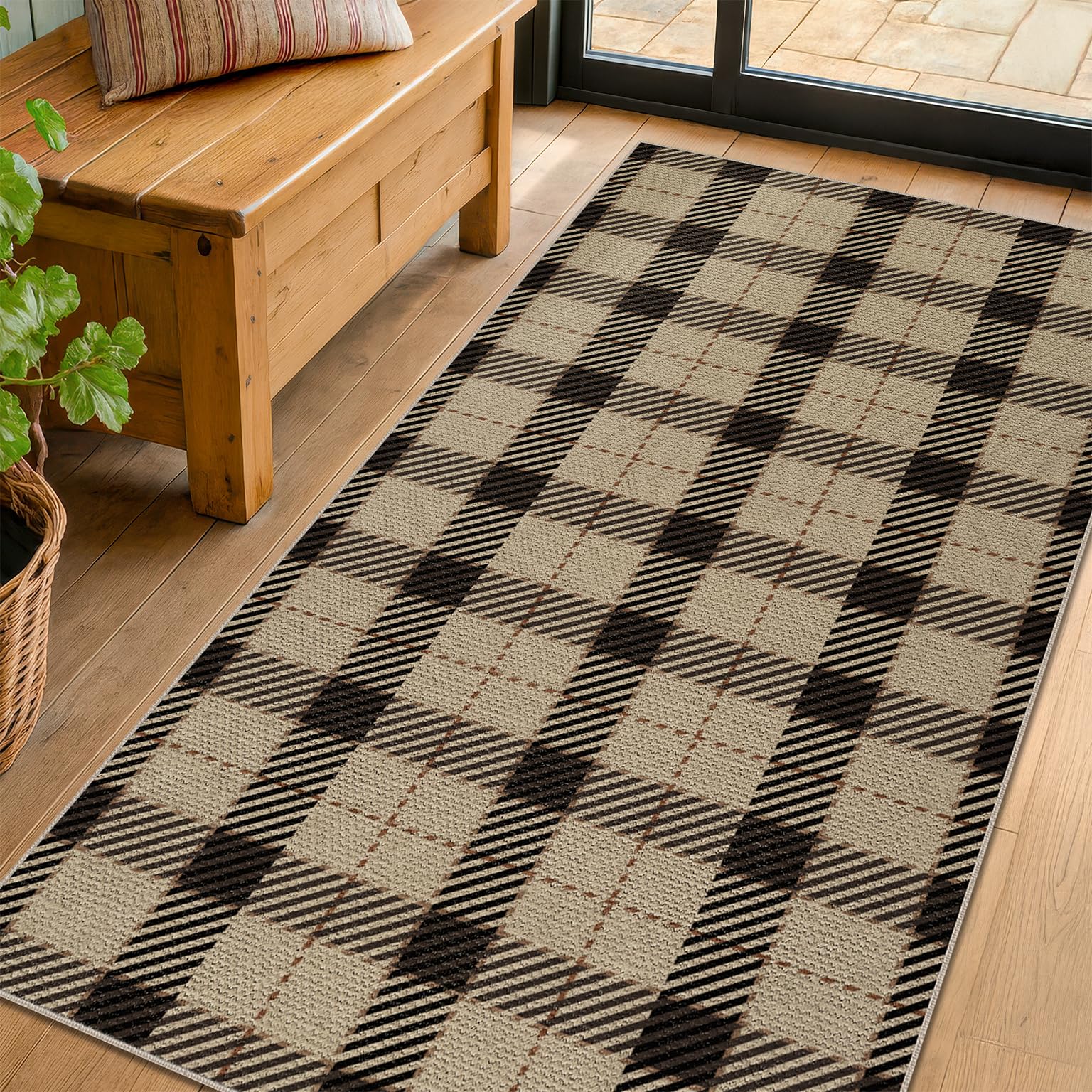 Washable Plaid Indoor Outdoor Rug 3x5 for Front Porch, Entryway, Patio, No Shed Easy Jute Non Slip TPR Backing Area Rug for Large Kitchen, Farmhouse Black & Tan Checkered Seegrass Aesthetic