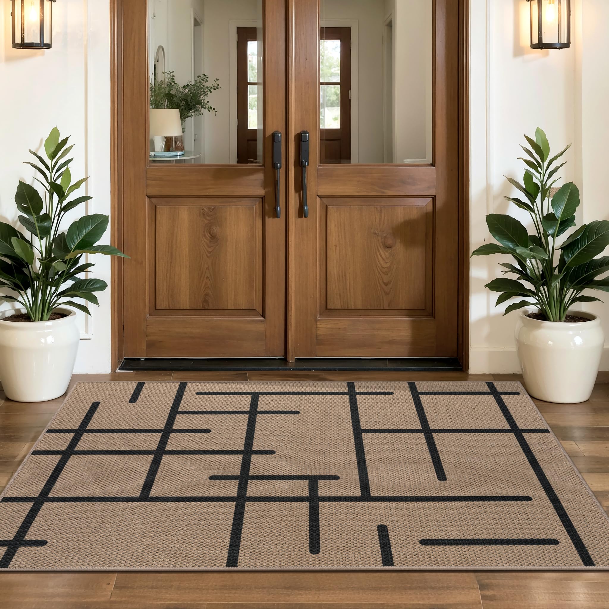 Tangsoo Rainbow Easy Jute Rug 5x7 Large Washable Area Rug for Living Room,Black Non-Slip Thin Outdoor Rug,Modern Farmhouse Indoor Carpet for Dining Room Table Bedroom Patio