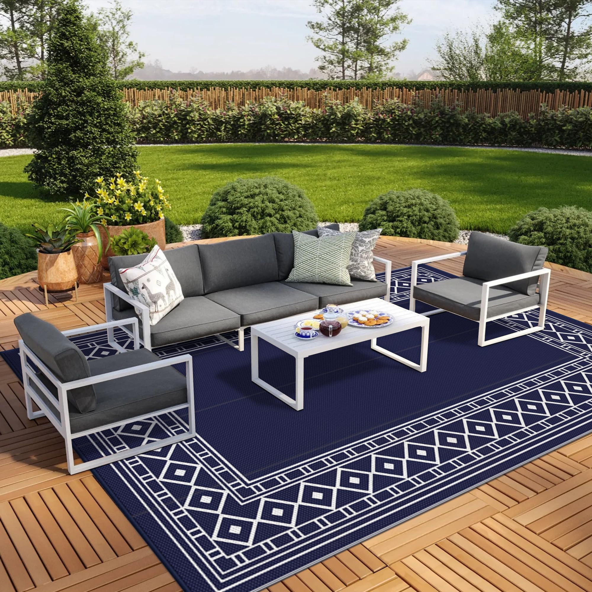 GENIMO Outdoor Rug Waterproof for Patio Decor, 5'x8' Reversible Plastic Straw Rug Carpet, Camping Mat for Outdoor, RV, Backyard, Deck, Balcony, Picnic, Beach, Coffee & Beige