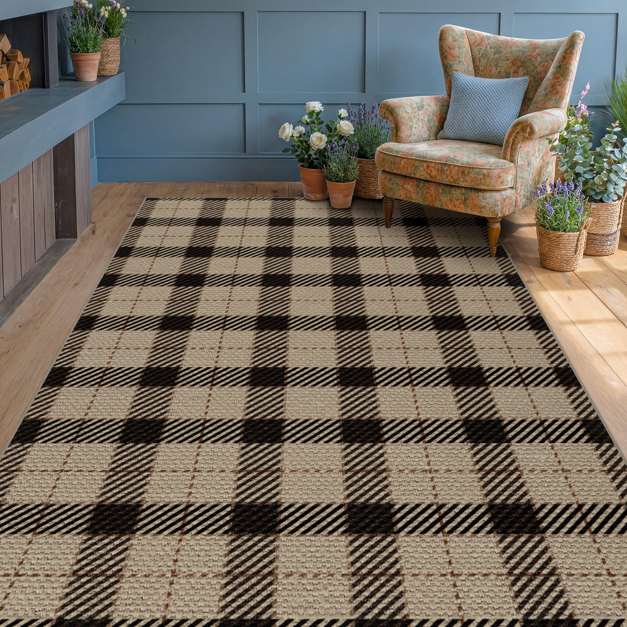 Washable Plaid Indoor Outdoor Rug 3x5 for Front Porch, Entryway, Patio, No Shed Easy Jute Non Slip TPR Backing Area Rug for Large Kitchen, Farmhouse Black & Tan Checkered Seegrass Aesthetic