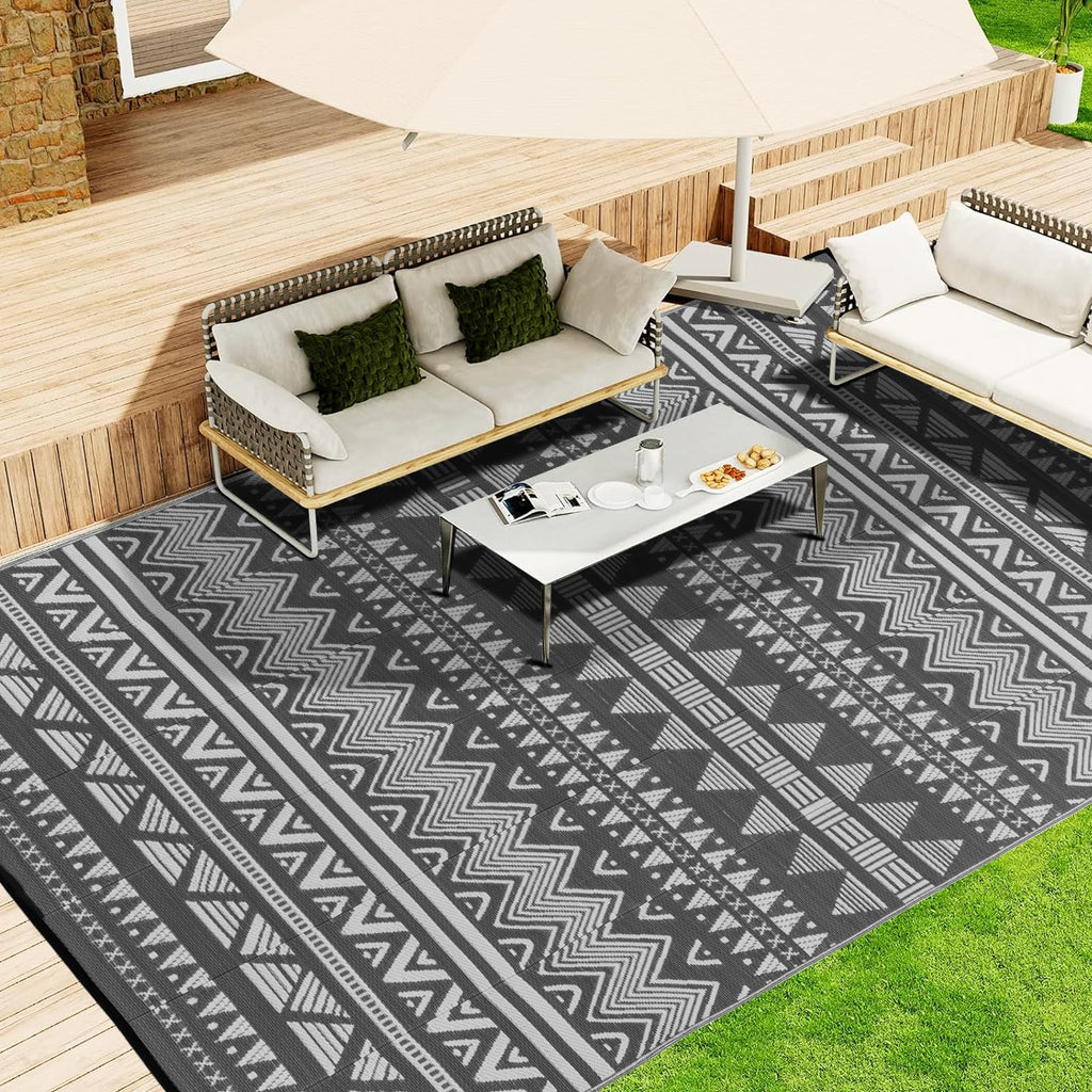Large Rv Outdoor Rugs for Camping Outdoor Rug 10x14 Patio Waterproof 10x14 Plastic Patio Rug for Outside, Reversible Grey and White Boho Stripe Woven Mat for Deck, Porch, Camping, Balcony, RV, Yard