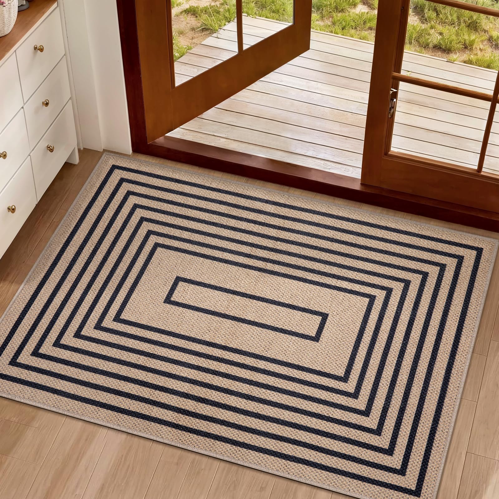 Tangsoo Rainbow Easy Jute Rug 5x7 Large Washable Area Rug for Living Room,Black Non-Slip Thin Outdoor Rug,Modern Farmhouse Indoor Carpet for Dining Room Table Bedroom Patio