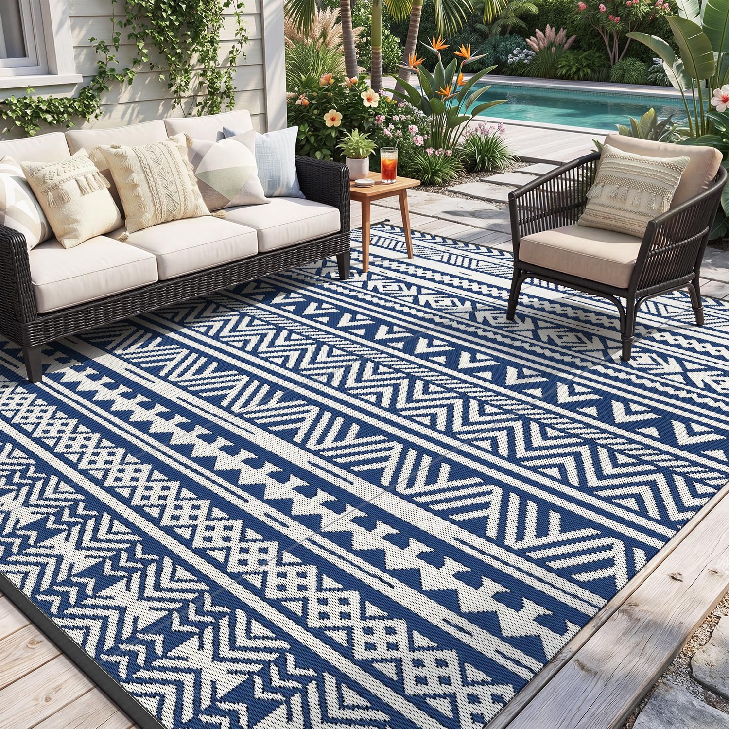 MontVoo Outdoor Rug Carpet Waterproof 5x8 Outdoor Patio Rug Mat Reverisble Plastic Straw Outdoor Rug for RV Camping Picnic Beach Balcony Boho Grey