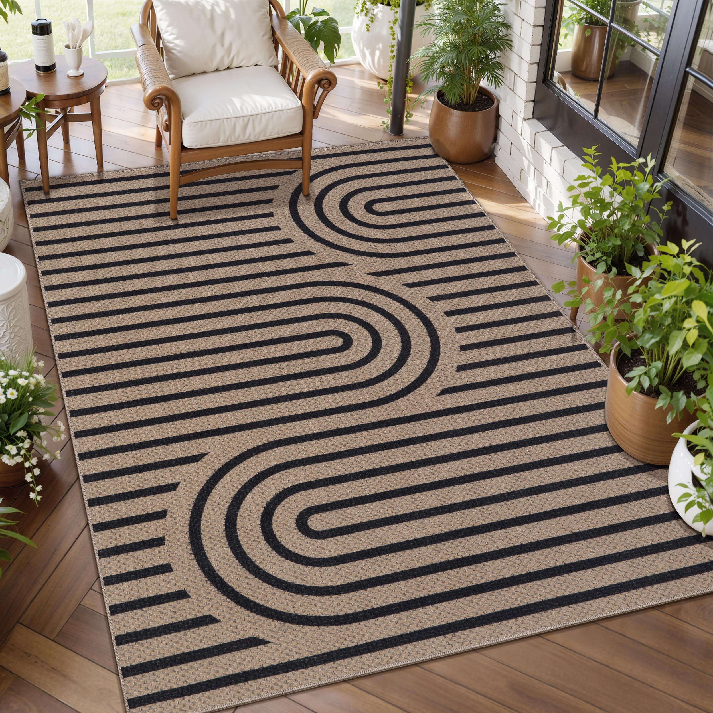 Tangsoo Rainbow Easy Jute Rug 5x7 Large Washable Area Rug for Living Room,Black Non-Slip Thin Outdoor Rug,Modern Farmhouse Indoor Carpet for Dining Room Table Bedroom Patio