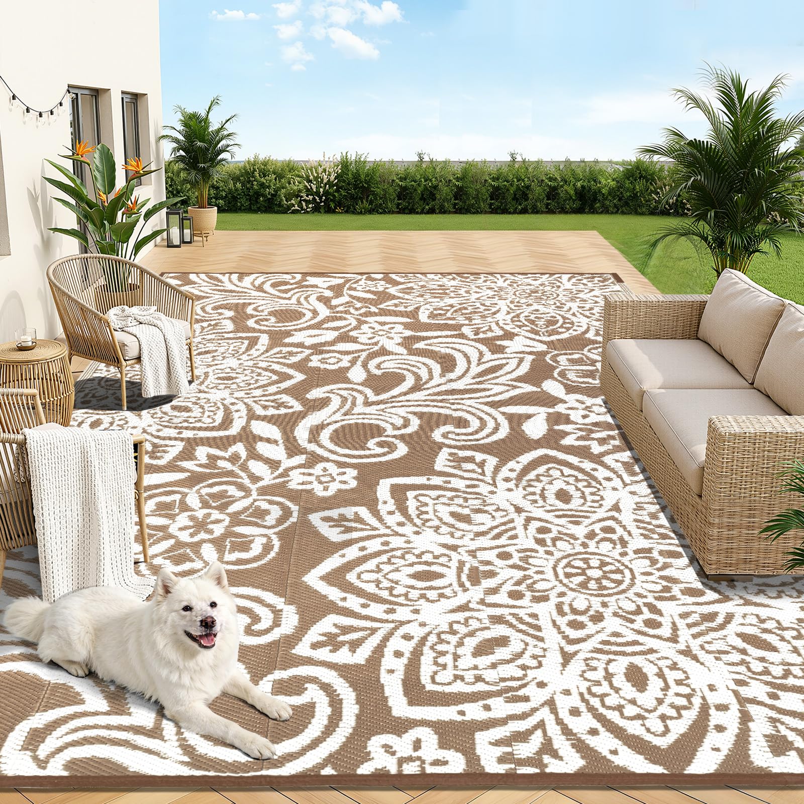 Findosom Waterproof Outdoor Rug 8' x 10' - Reversible Mandala Outdoor Plastic Straw Rug, Durable Foldable Patio Rug for RV, Deck, Balcony, Backyard, Picnic, Porch, Camping, Beach, Gray