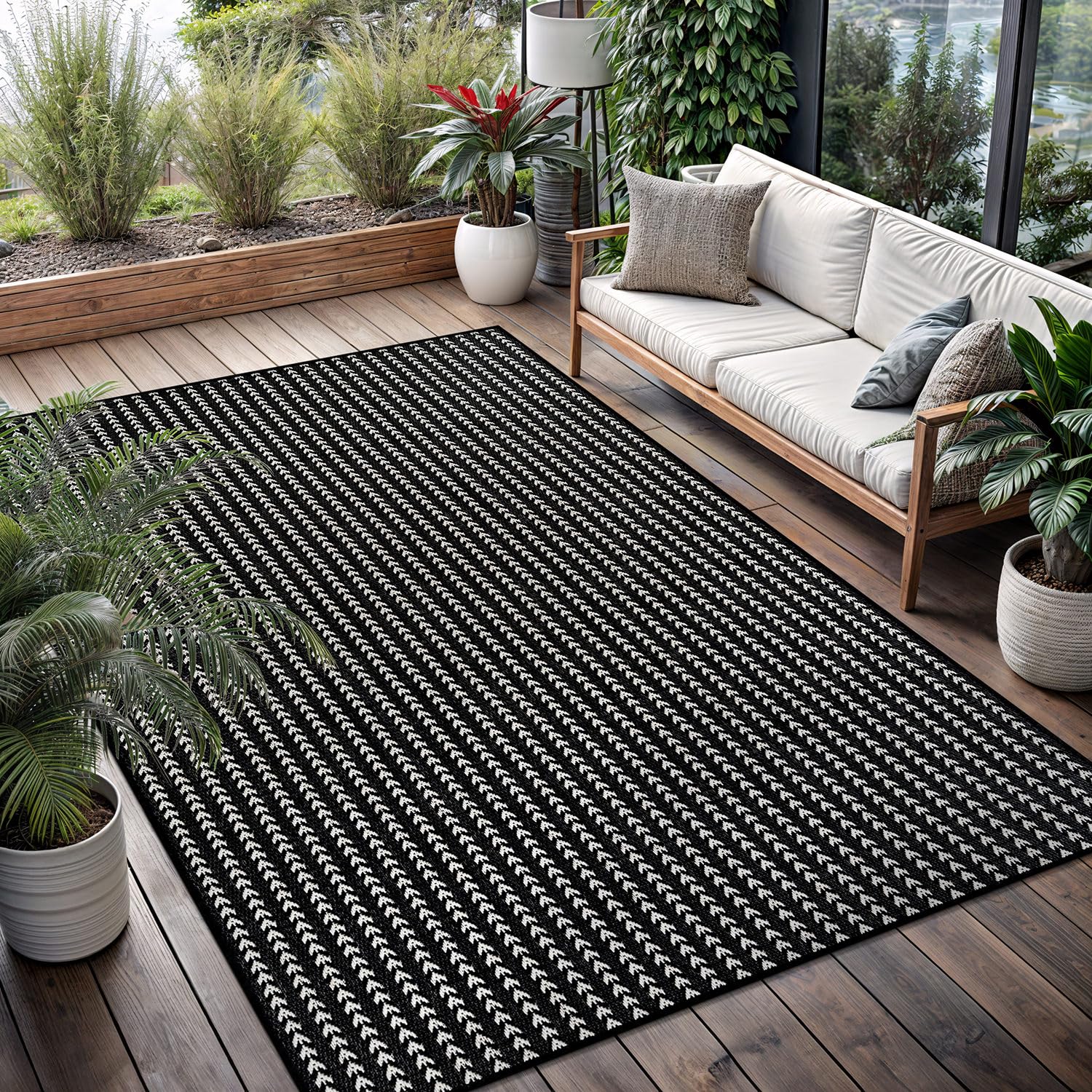 Washable Outdoor Rug 5x7 Modern Area Rugs Outdoor Carpets Striped Pattern Non Shedding Waterproof Easy Clean Patio Deck Porch Living Room Bedroom Garden RV (5 X 7 Olive)