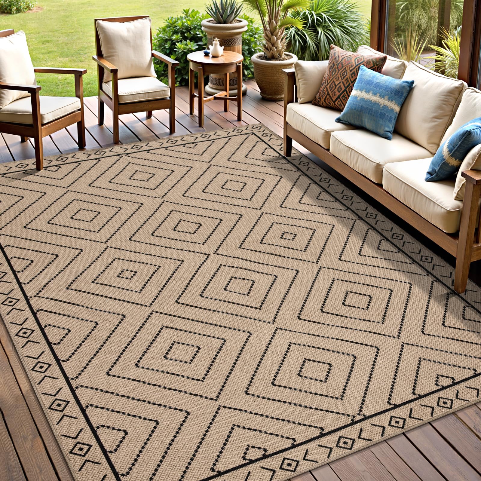 Tangsoo Rainbow Easy Jute Rug 5x7 Large Washable Area Rug for Living Room,Black Non-Slip Thin Outdoor Rug,Modern Farmhouse Indoor Carpet for Dining Room Table Bedroom Patio