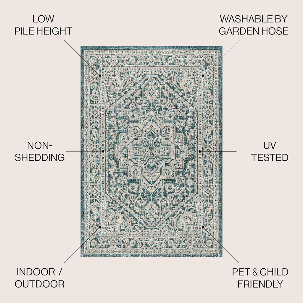 JONATHAN Y Medallion Weave Indoor Outdoor Area Rug 9X12 Teal Blue/Gray, Sinjuri Textured for Backyard, Patio, Porch, Easy-Cleaning, High Traffic, Pet-Friendly, Non-Shedding (SMB101C-9)