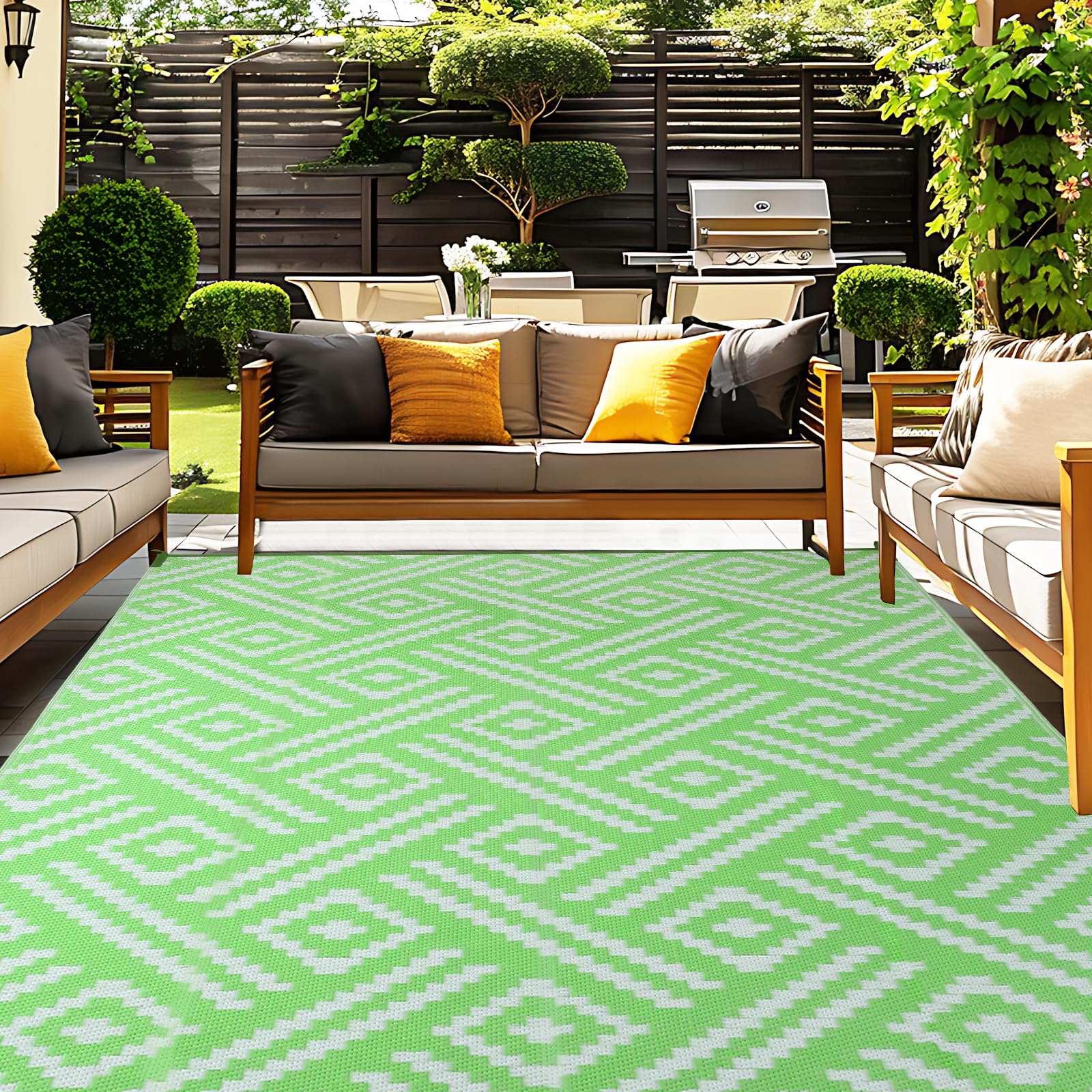OPPODREAM Outdoor Rug 9x12 Patio Waterproof, Large Outdoor Plastic Straw Rug, Reversible Out Door Carpet for Camping, Deck, Rv, 9 x 12 Area Carpet for Balcony, Porch, Backyard, Black and White