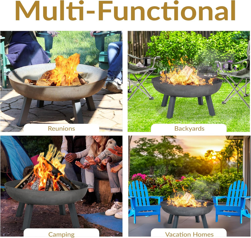 Sunnydaze Cast Iron Heavy Duty Fire Pit for Outside - Wood Burning Outdoor Fire Pit Bowl with Handles - 34" - Gray