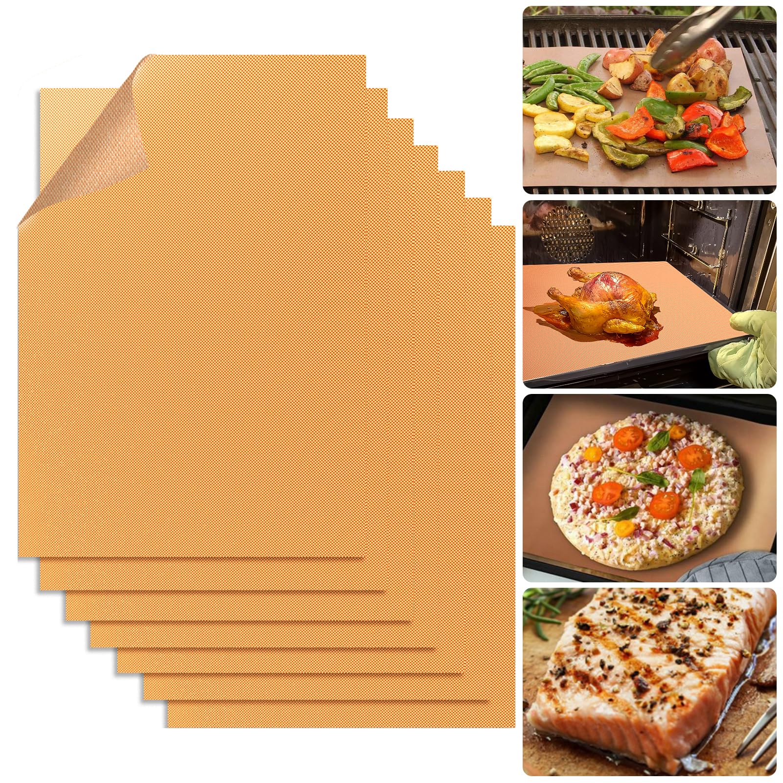 Copper Grill Mats for Ourdoor Grill Set of 6,Heavy Duty Non-Stick BBQ Grill Mats,Reusable & Easy to Clean for Gas,Charcoal & Electric Grills-15.75 x 13 Inch