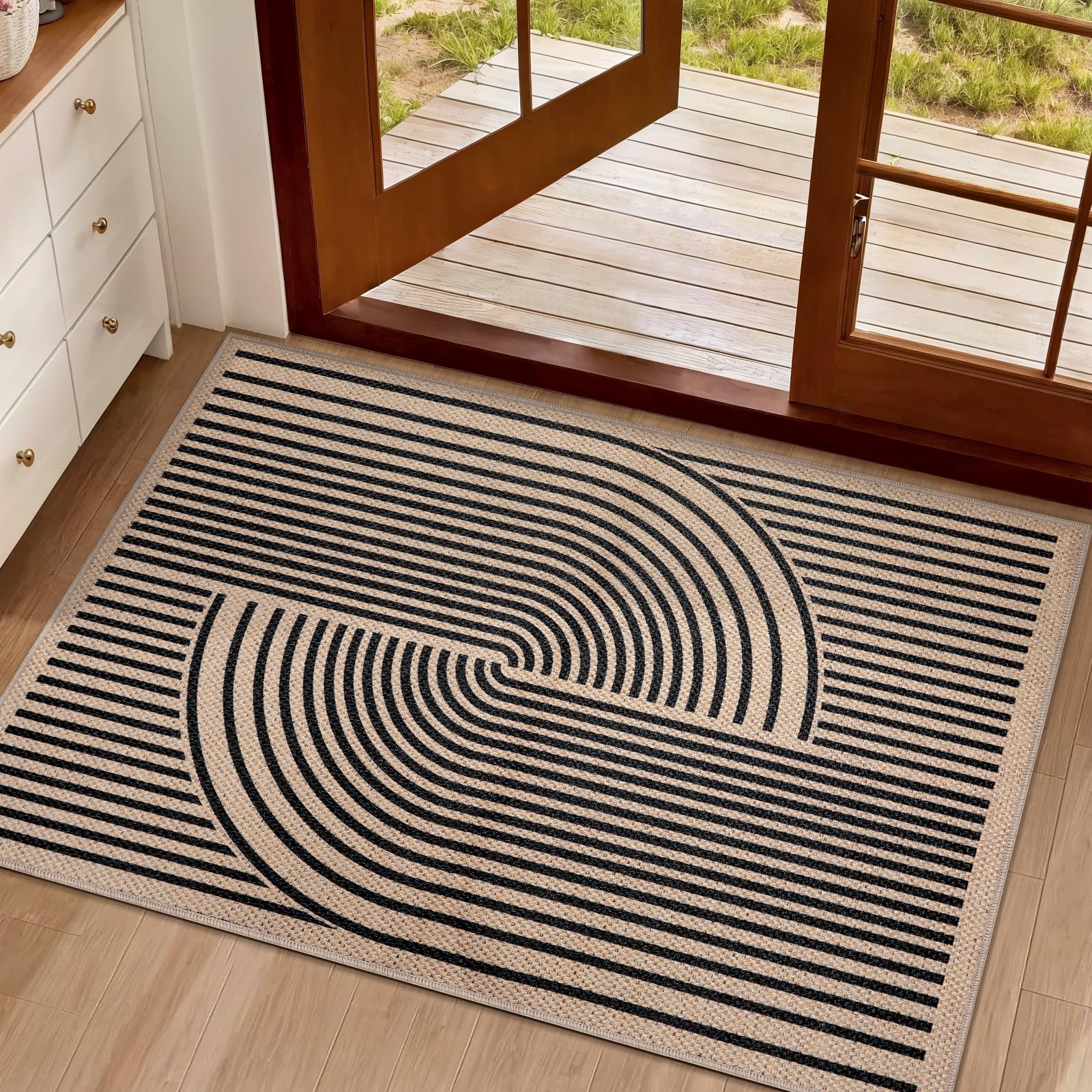 Tangsoo Rainbow Easy Jute Rug 5x7 Large Washable Area Rug for Living Room,Black Non-Slip Thin Outdoor Rug,Modern Farmhouse Indoor Carpet for Dining Room Table Bedroom Patio