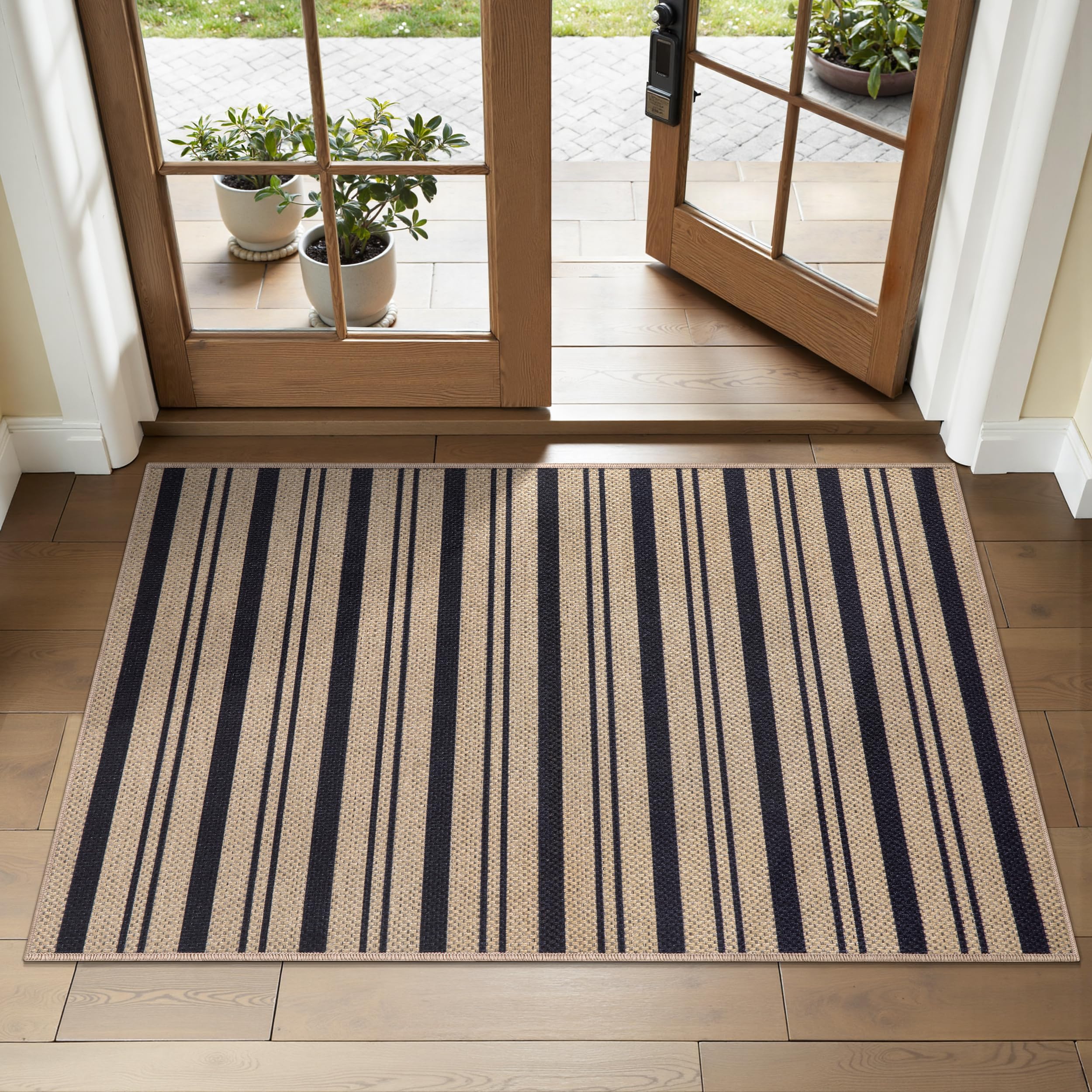 Tangsoo Rainbow Easy Jute Rug 5x7 Large Washable Area Rug for Living Room,Black Non-Slip Thin Outdoor Rug,Modern Farmhouse Indoor Carpet for Dining Room Table Bedroom Patio