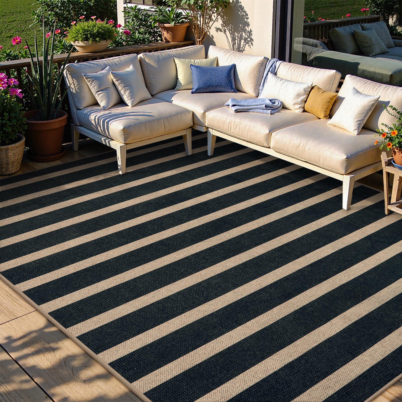 Lahome Striped Easy Jute Outdoor Patio Rug, 3x5 Washable Rugs for Entryway Porch, Farmhouse Neutral Non Shedding Indoor Outdoor Carpet for Entry Kitchen Guestroom Deck Foyer