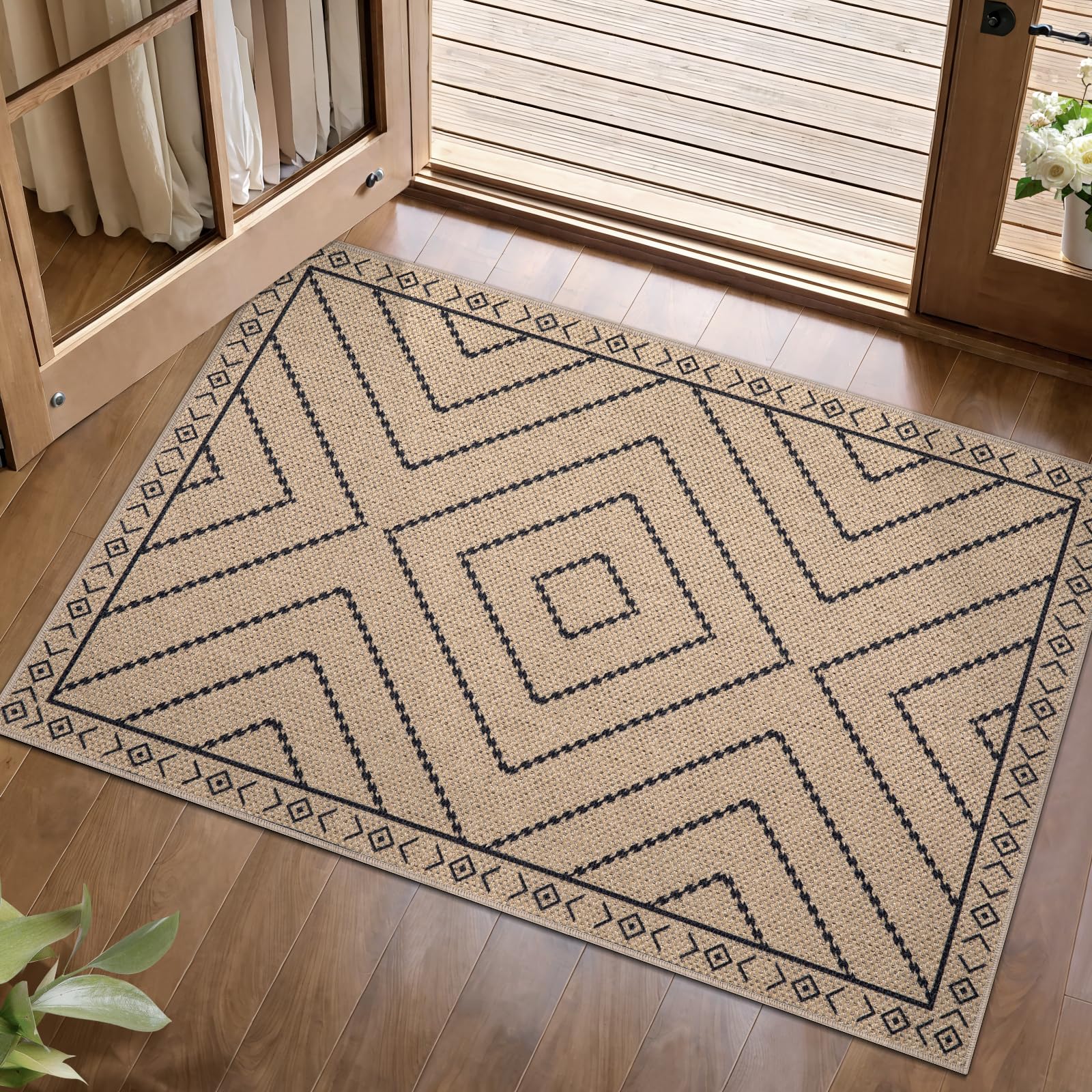 Tangsoo Rainbow Easy Jute Rug 5x7 Large Washable Area Rug for Living Room,Black Non-Slip Thin Outdoor Rug,Modern Farmhouse Indoor Carpet for Dining Room Table Bedroom Patio