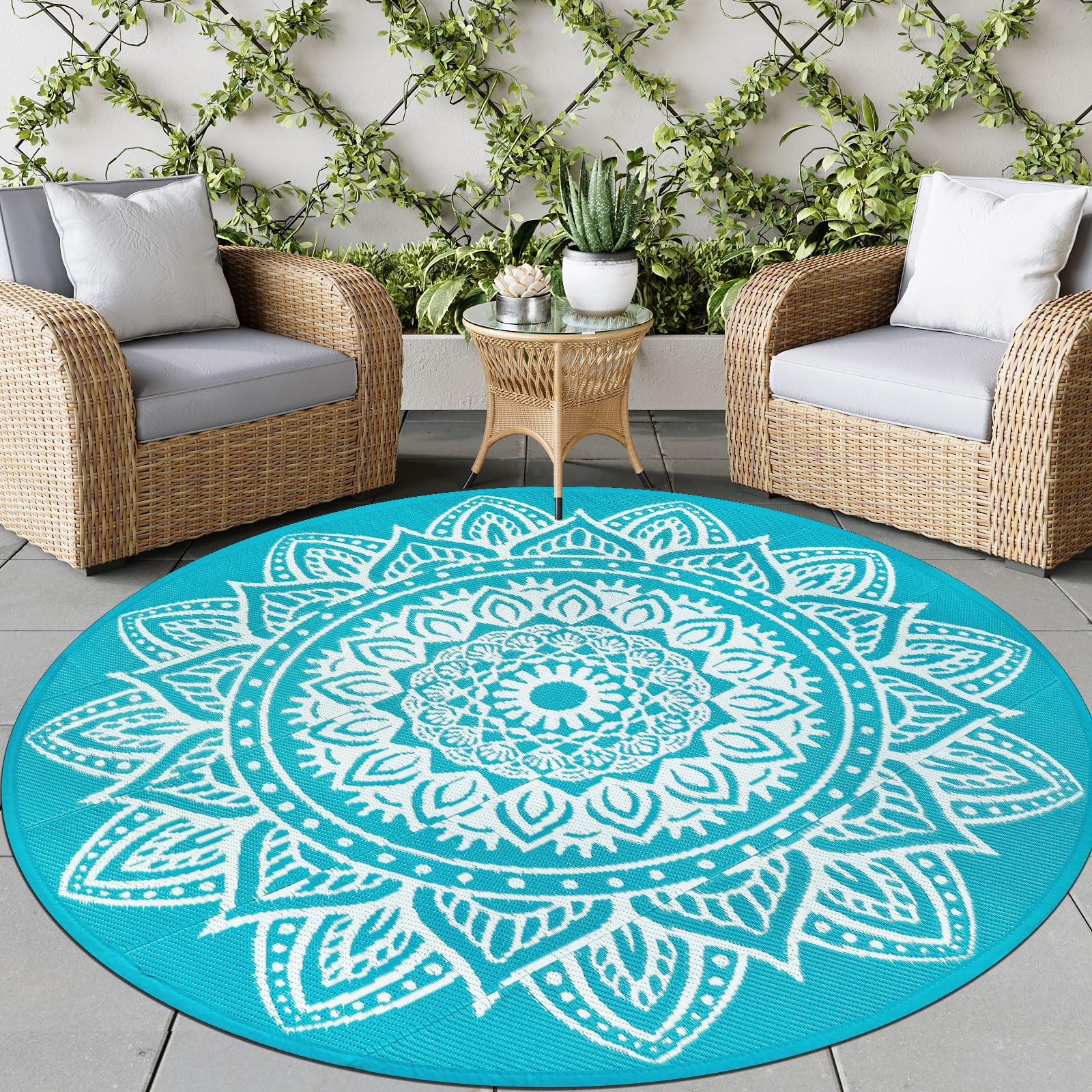 famibay 6 Ft Round Boho Outdoor Plastic Straw Rug, Waterproof, Portable, Reversible, UV-Resistant, Patio, Porch, Camping, Dark Blue