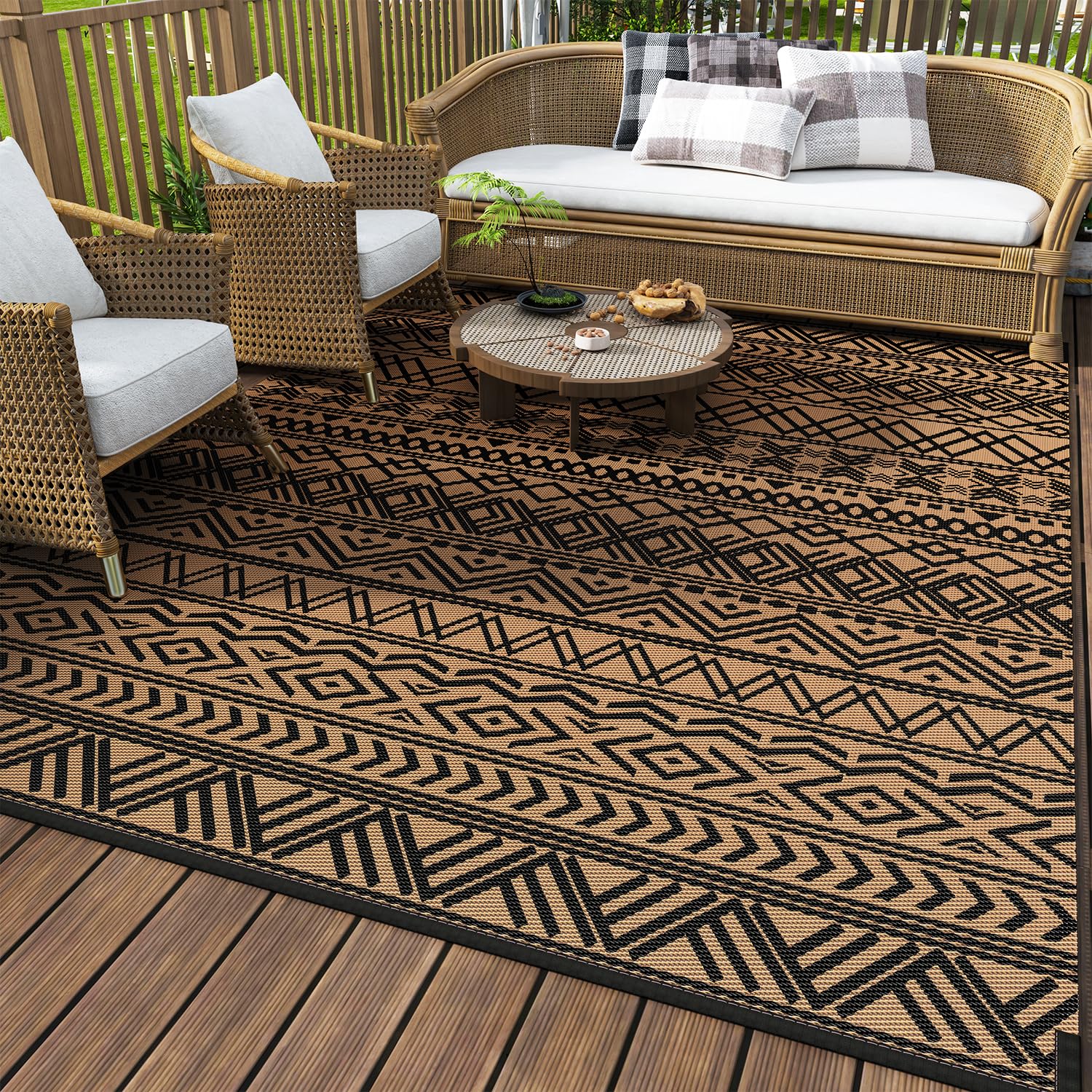 MontVoo Outdoor Rug Carpet Waterproof 5x8 Outdoor Patio Rug Mat Reverisble Plastic Straw Outdoor Rug for RV Camping Picnic Beach Balcony Boho Grey