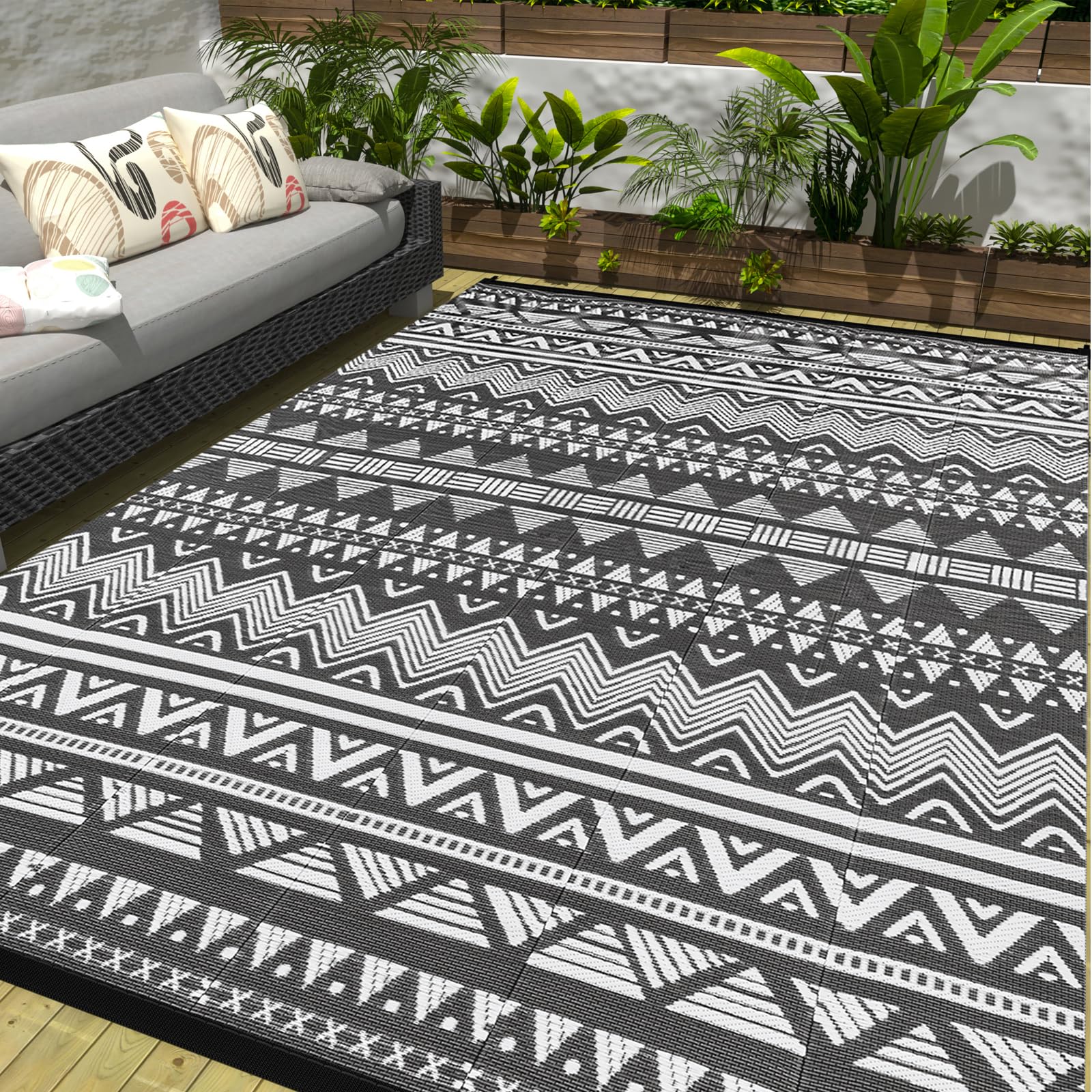 Large Rv Outdoor Rugs for Camping Outdoor Rug 10x14 Patio Waterproof 10x14 Plastic Patio Rug for Outside, Reversible Grey and White Boho Stripe Woven Mat for Deck, Porch, Camping, Balcony, RV, Yard