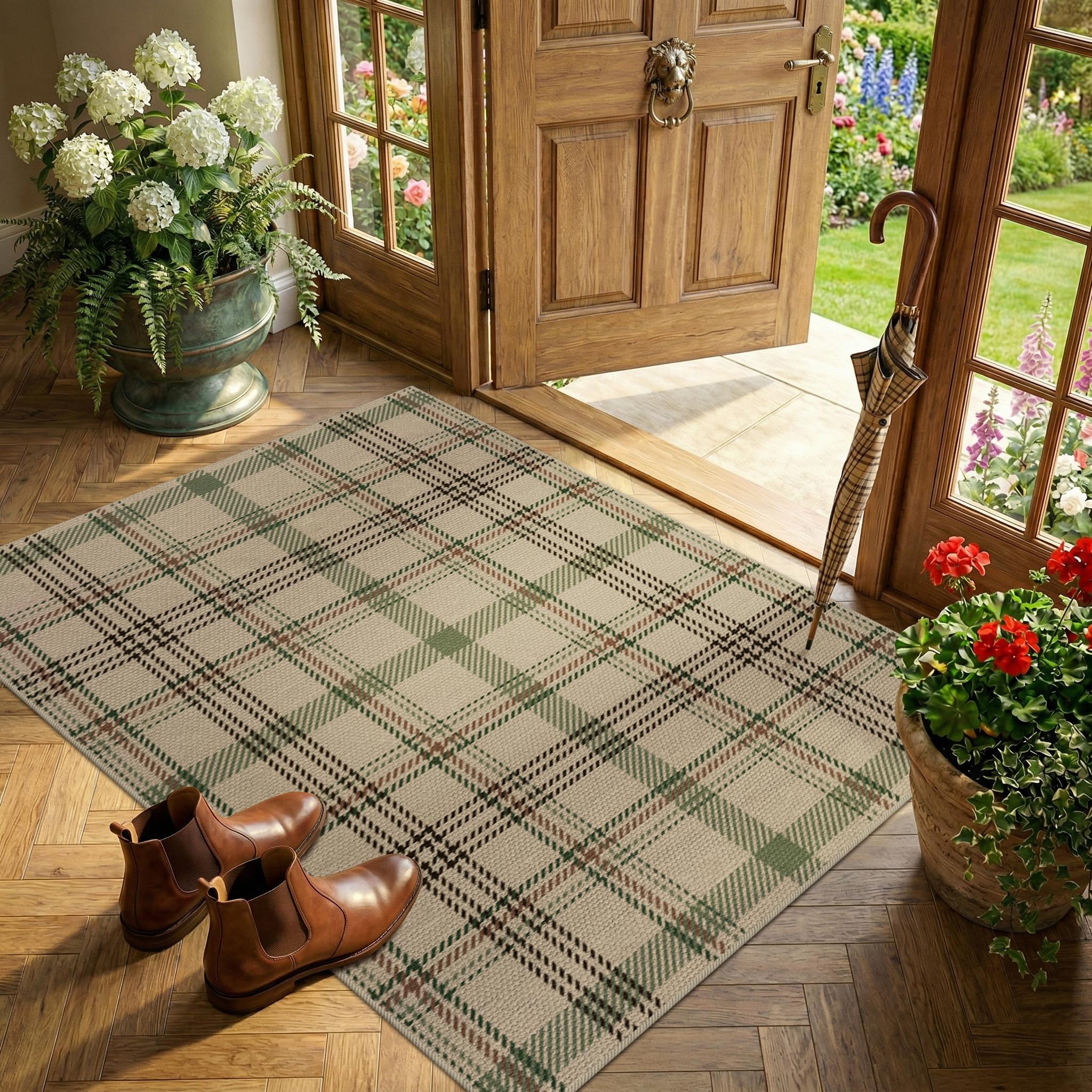 Washable Plaid Indoor Outdoor Rug 3x5 for Front Porch, Entryway, Patio, No Shed Easy Jute Non Slip TPR Backing Area Rug for Large Kitchen, Farmhouse Black & Tan Checkered Seegrass Aesthetic