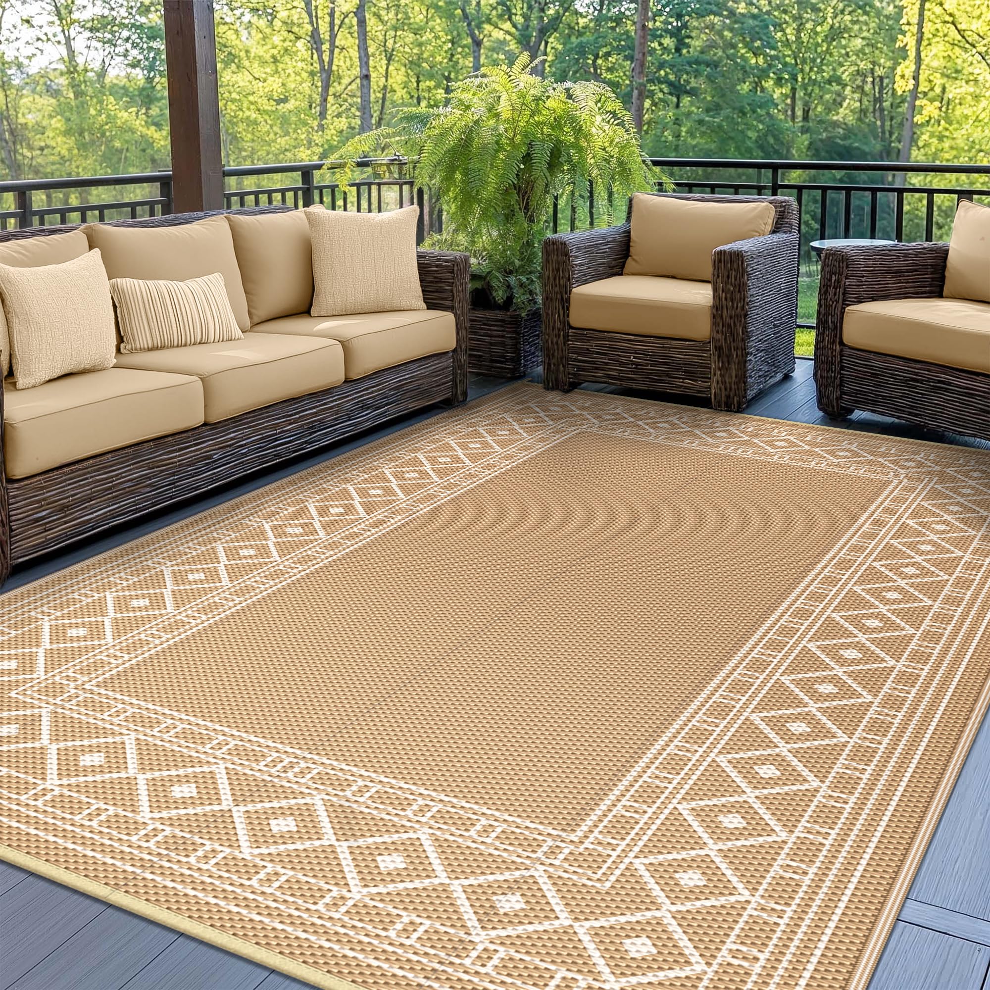 GENIMO Outdoor Rug Waterproof for Patio Decor, 5'x8' Reversible Plastic Straw Rug Carpet, Camping Mat for Outdoor, RV, Backyard, Deck, Balcony, Picnic, Beach, Coffee & Beige